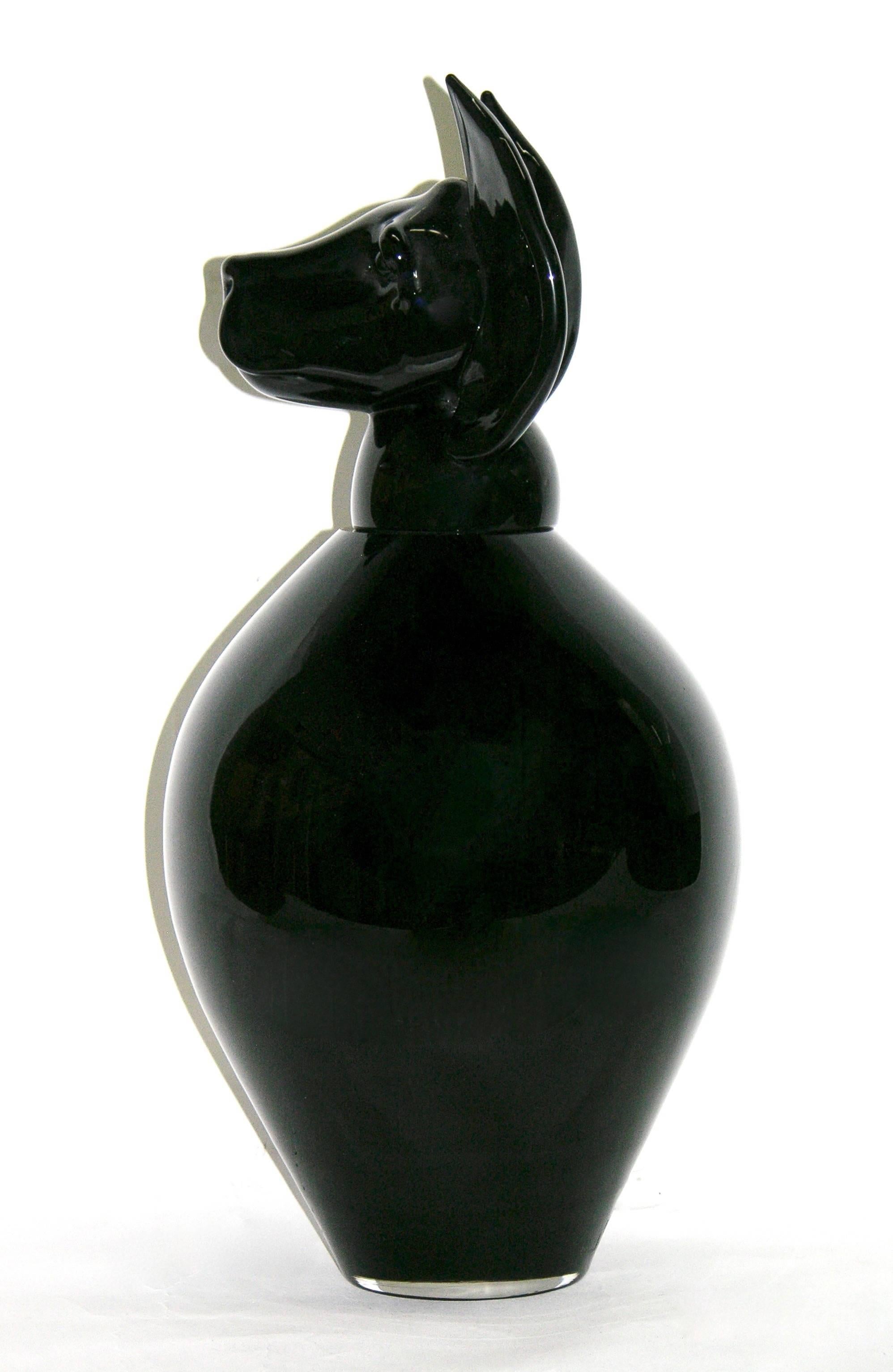 Hand-Crafted Formia 2001 Italian Black Murano Glass Bottle with Dog Head Stopper For Sale