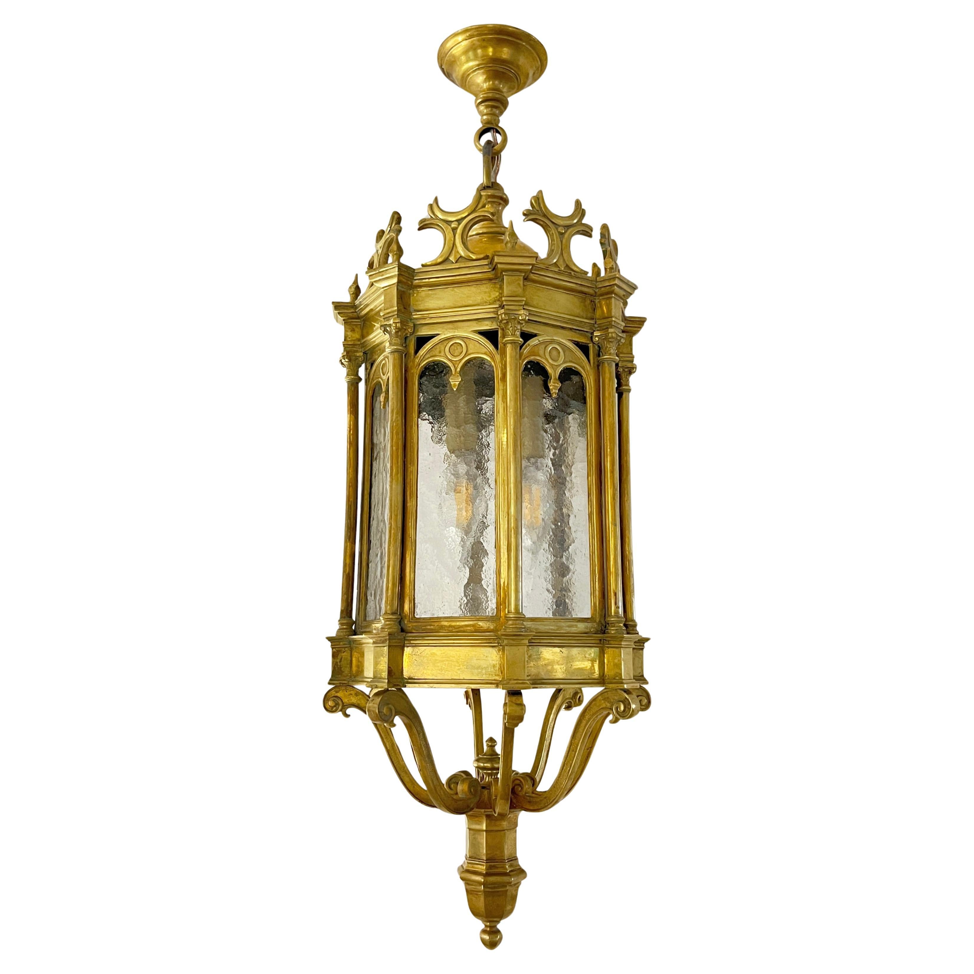 1860 French Antique Gothic Revival Cast Brass Pendant Lantern With Arch Windows