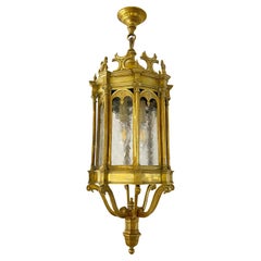 1860 French Antique Gothic Revival Cast Brass Pendant Lantern With Arch Windows