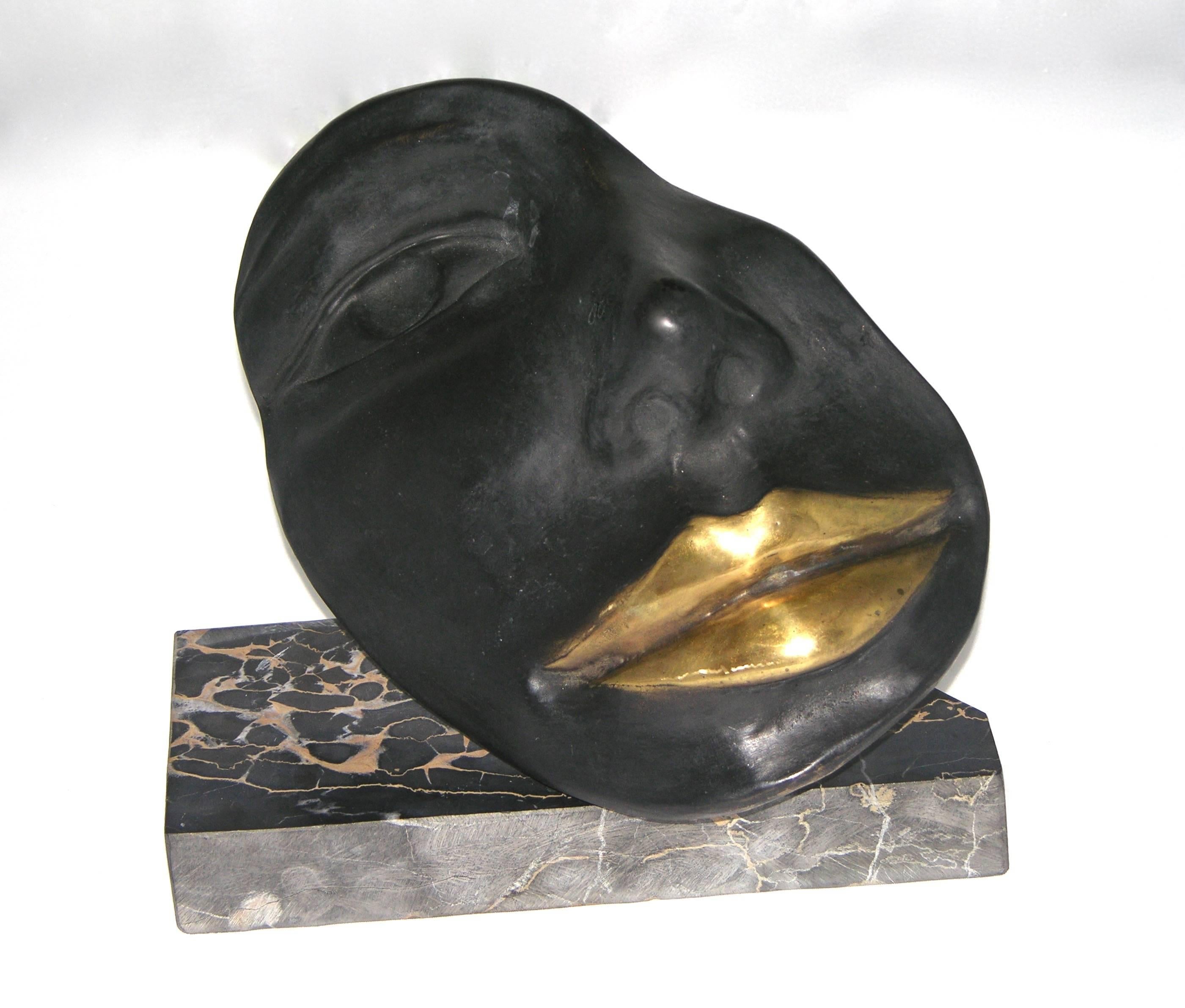 Hand-Crafted Italian Black Bronze Sculpture of a Partial Face with Gold Lips on Marble Base