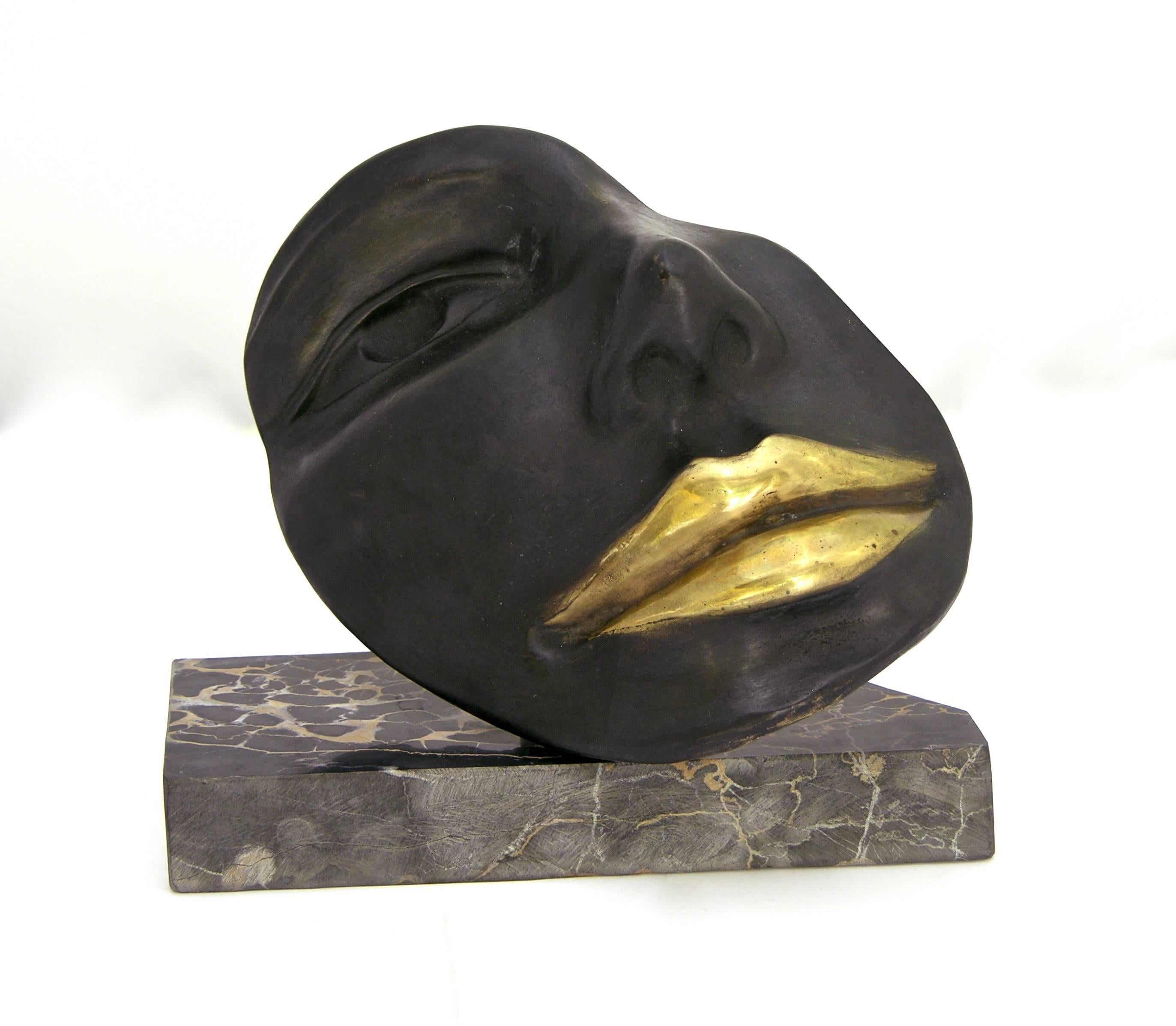 Italian Black Bronze Sculpture of a Partial Face with Gold Lips on Marble Base In Excellent Condition In New York, NY