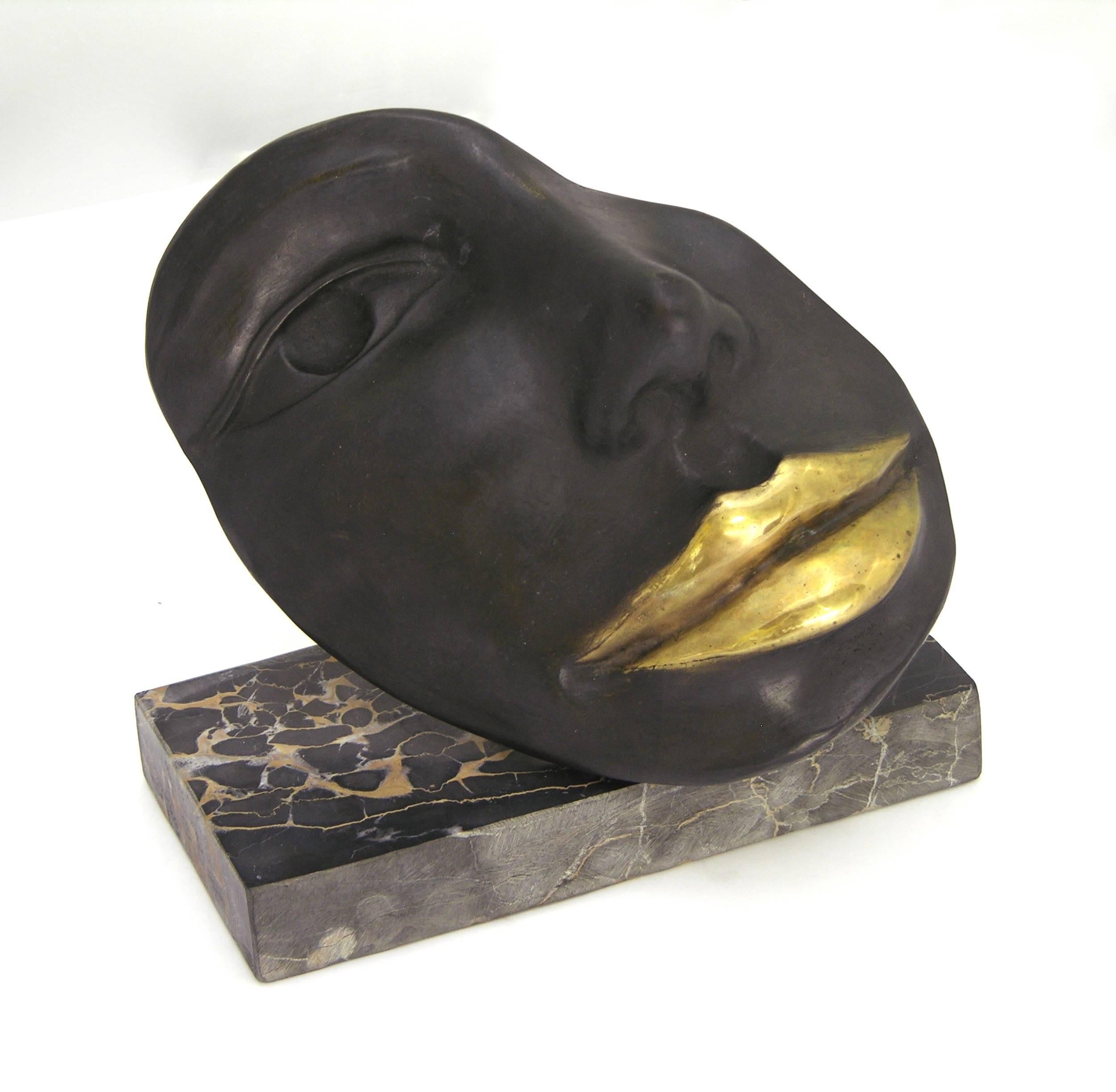 Italian Black Bronze Sculpture of a Partial Face with Gold Lips on Marble Base 2