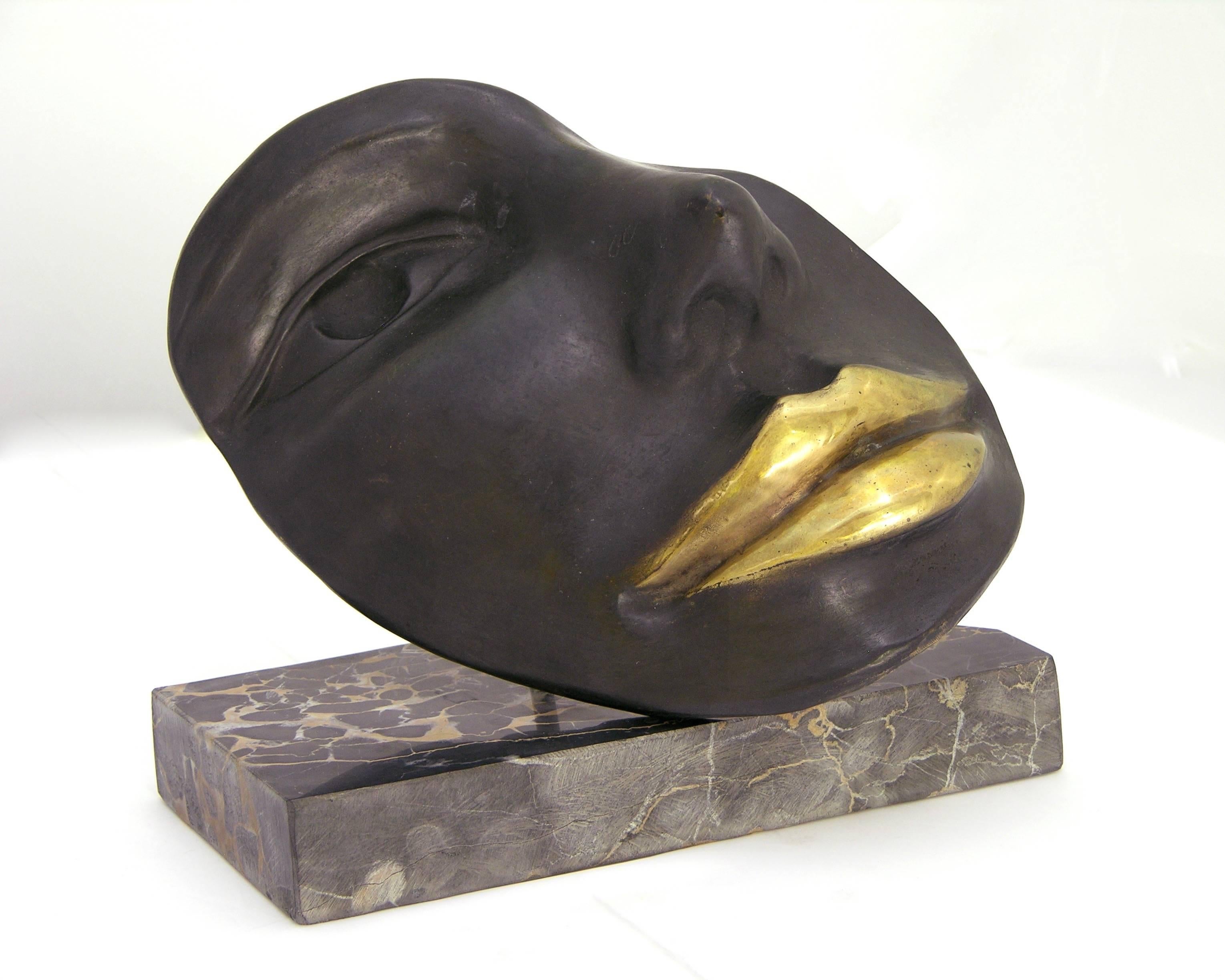 Italian Black Bronze Sculpture of a Partial Face with Gold Lips on Marble Base 1