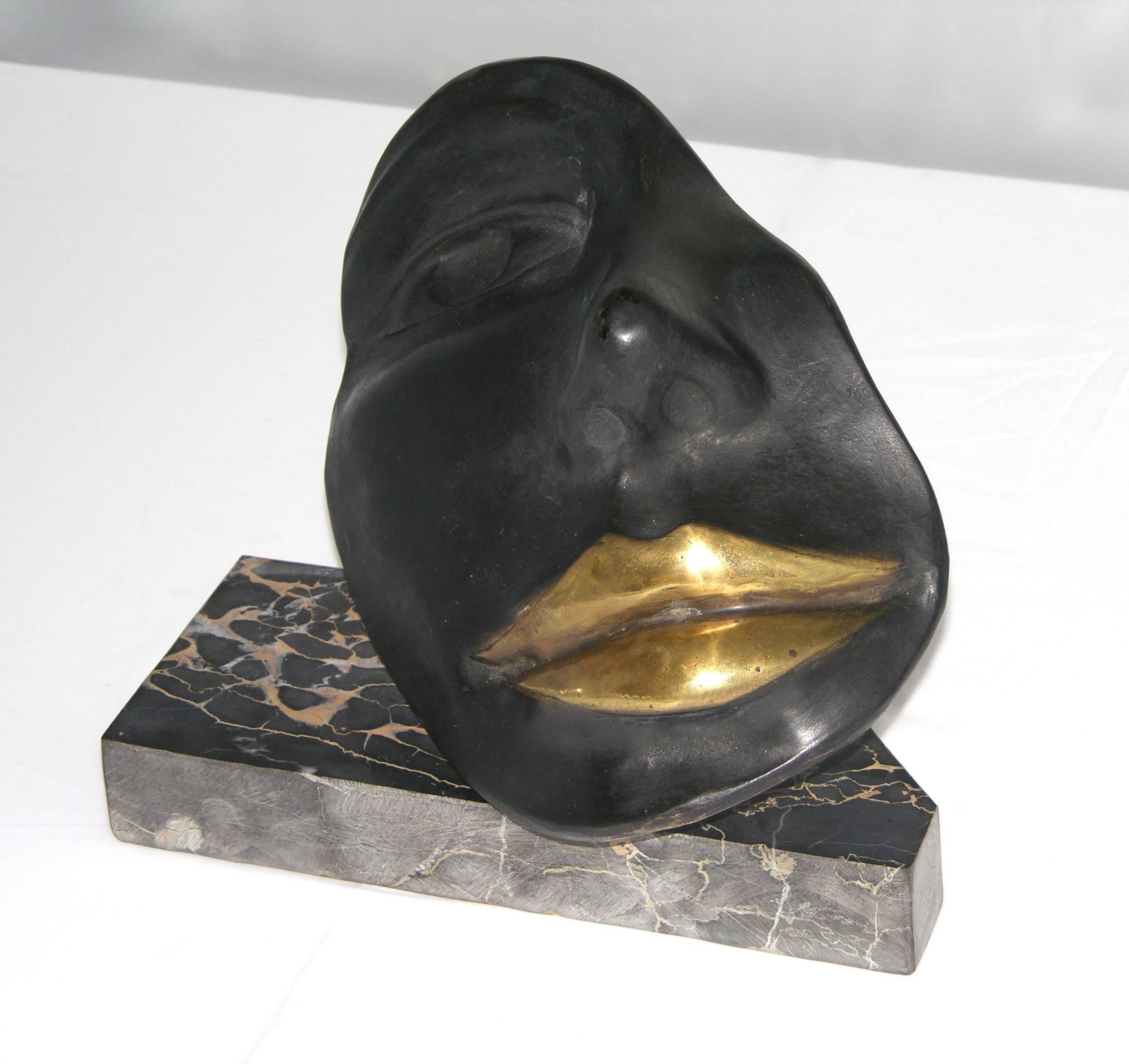 Contemporary Italian Black Bronze Sculpture of a Partial Face with Gold Lips on Marble Base