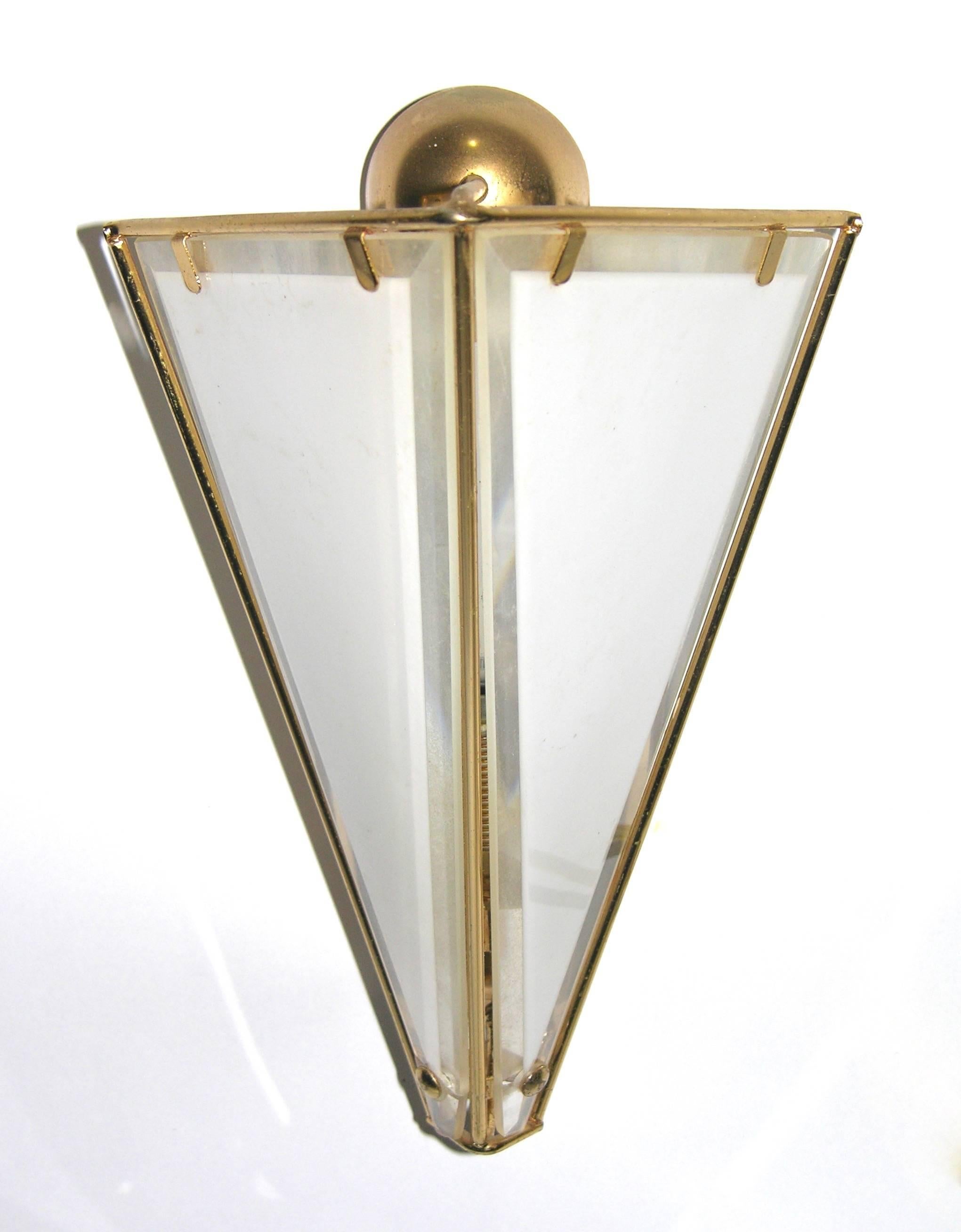 1980 Metalarte Pair of Brass and White Frosted Glass Triangular Wall Lights 2