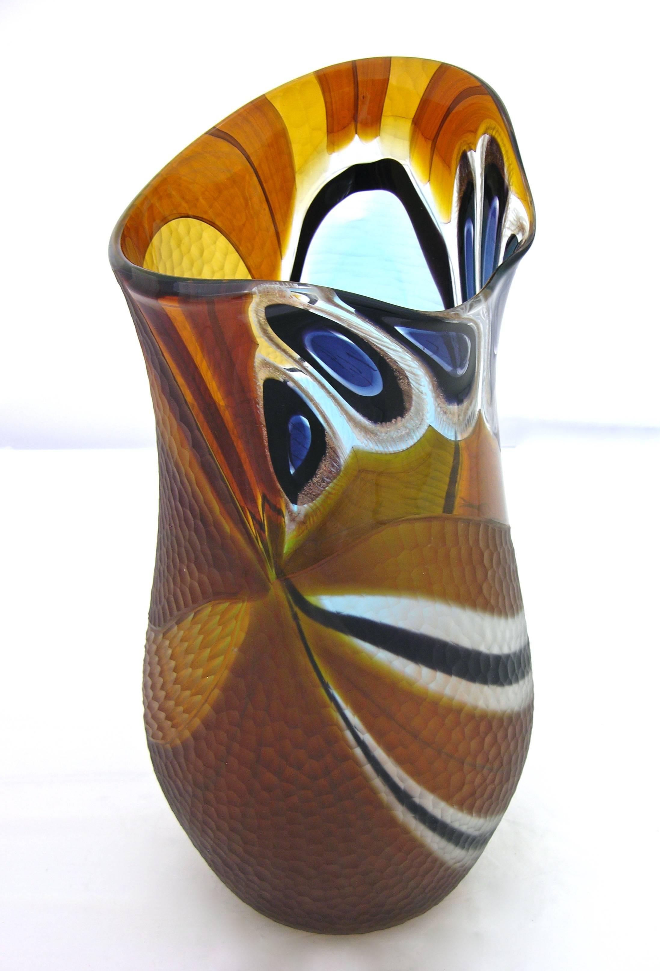 Organic Modern Cenedese 1990s Colorful Murano Glass Vase with Blue Black and Gold Murrine