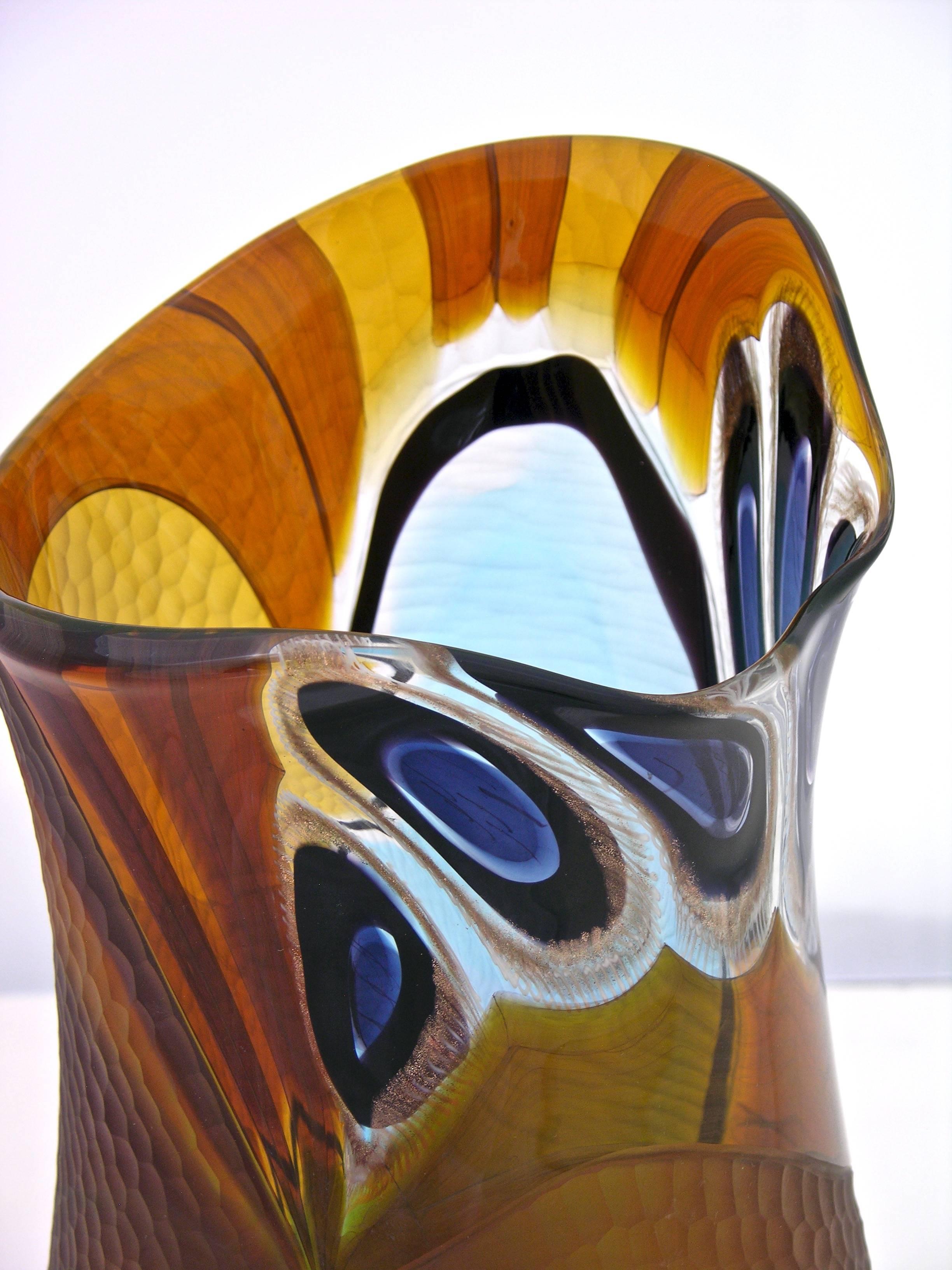 Cenedese 1990s Colorful Murano Glass Vase With Blue Black And Gold Cenedese 1990s Colorful Murano Glass Vase With Blue Black And Gold