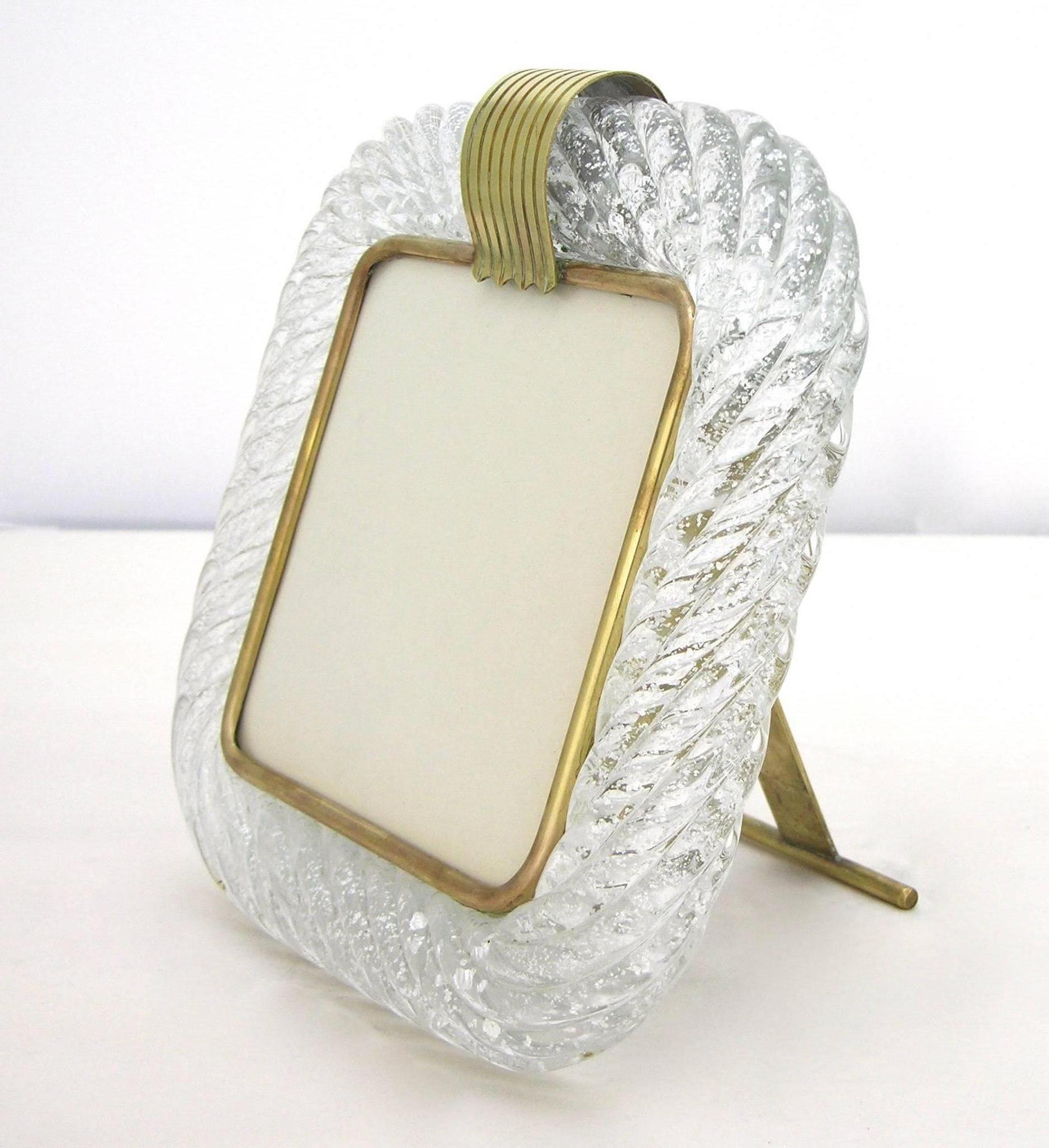 Blown Glass Barovier Toso 1970s Vintage Clear Twisted Murano Glass Photo Frame with Silver