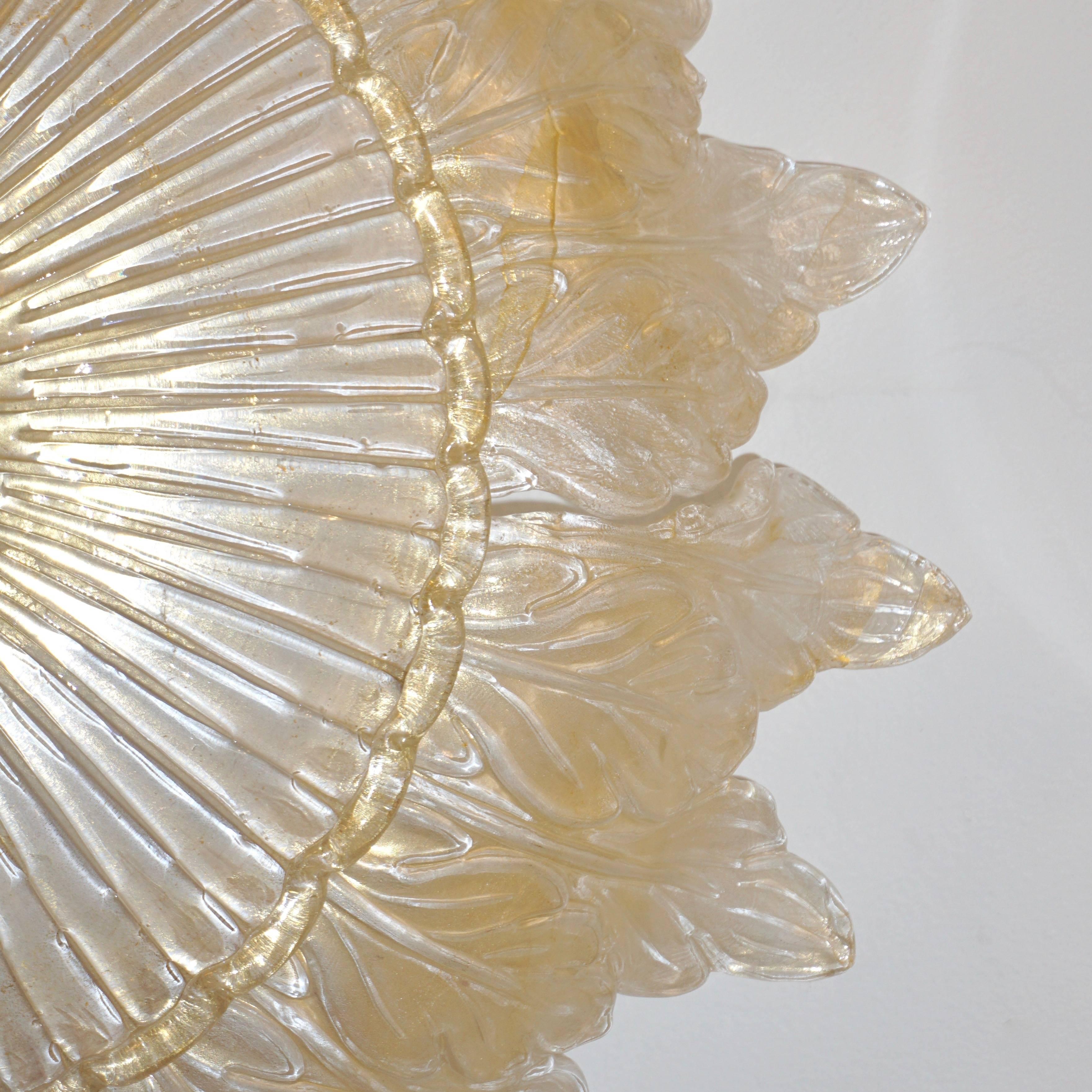 Italian Leaf Decor Pearl White and Gold Murano Glass Flush Mount Chandelier 1980 For Sale 1