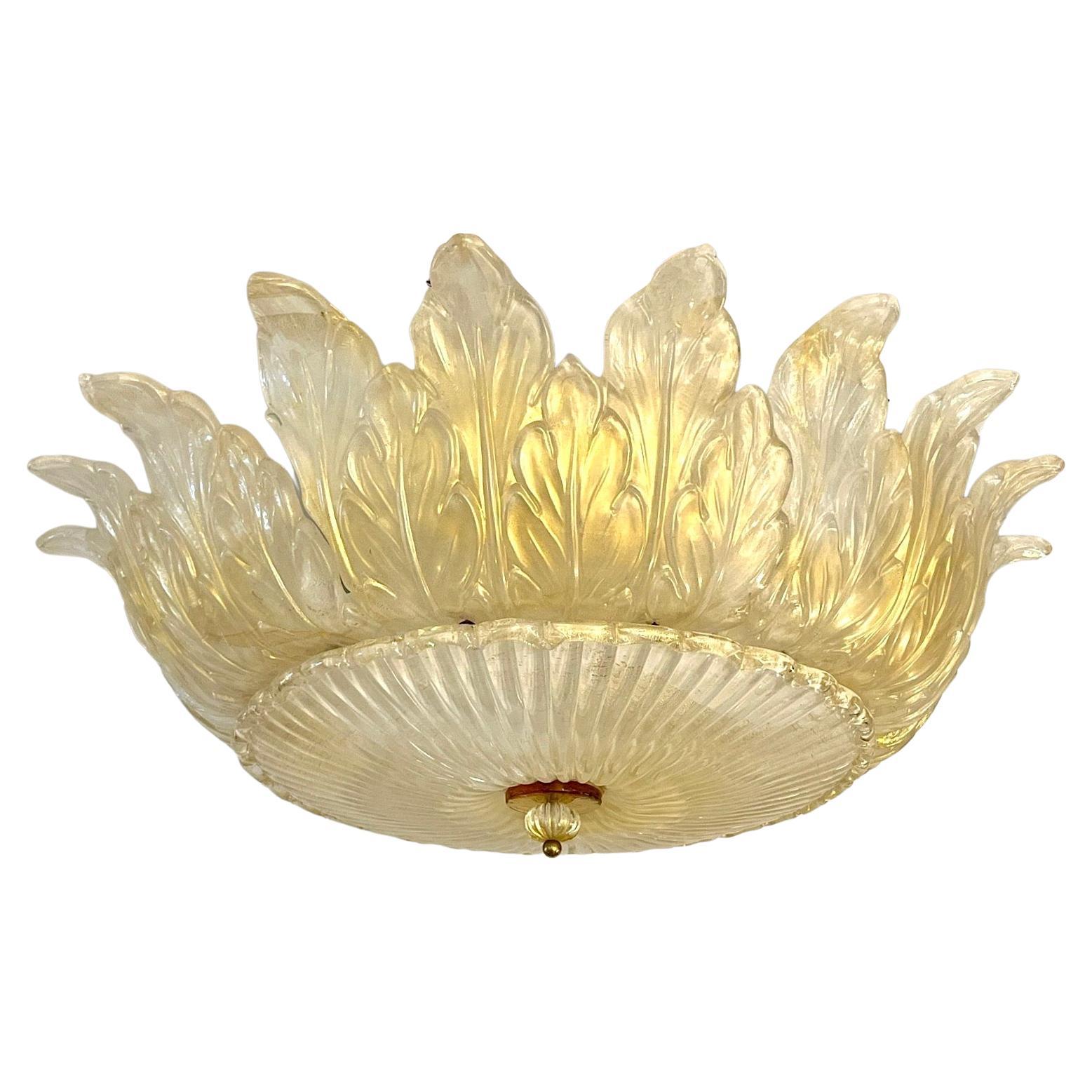 Italian Leaf Decor Pearl White and Gold Murano Glass Flush Mount Chandelier 1980 For Sale
