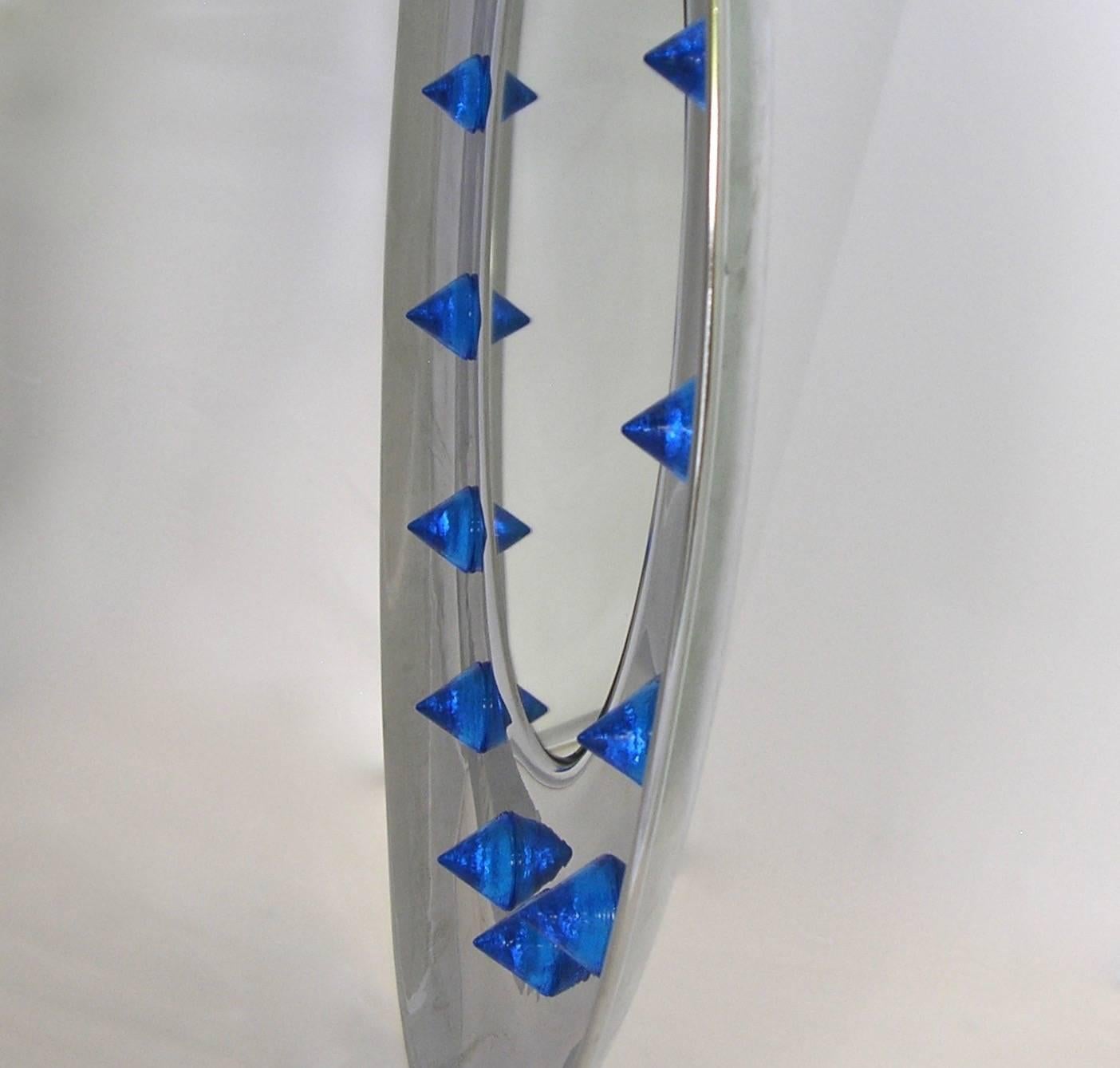 Italian Pair of Modern Nickel Round Mirrors with Jewel like Blue Murano Glass For Sale 3