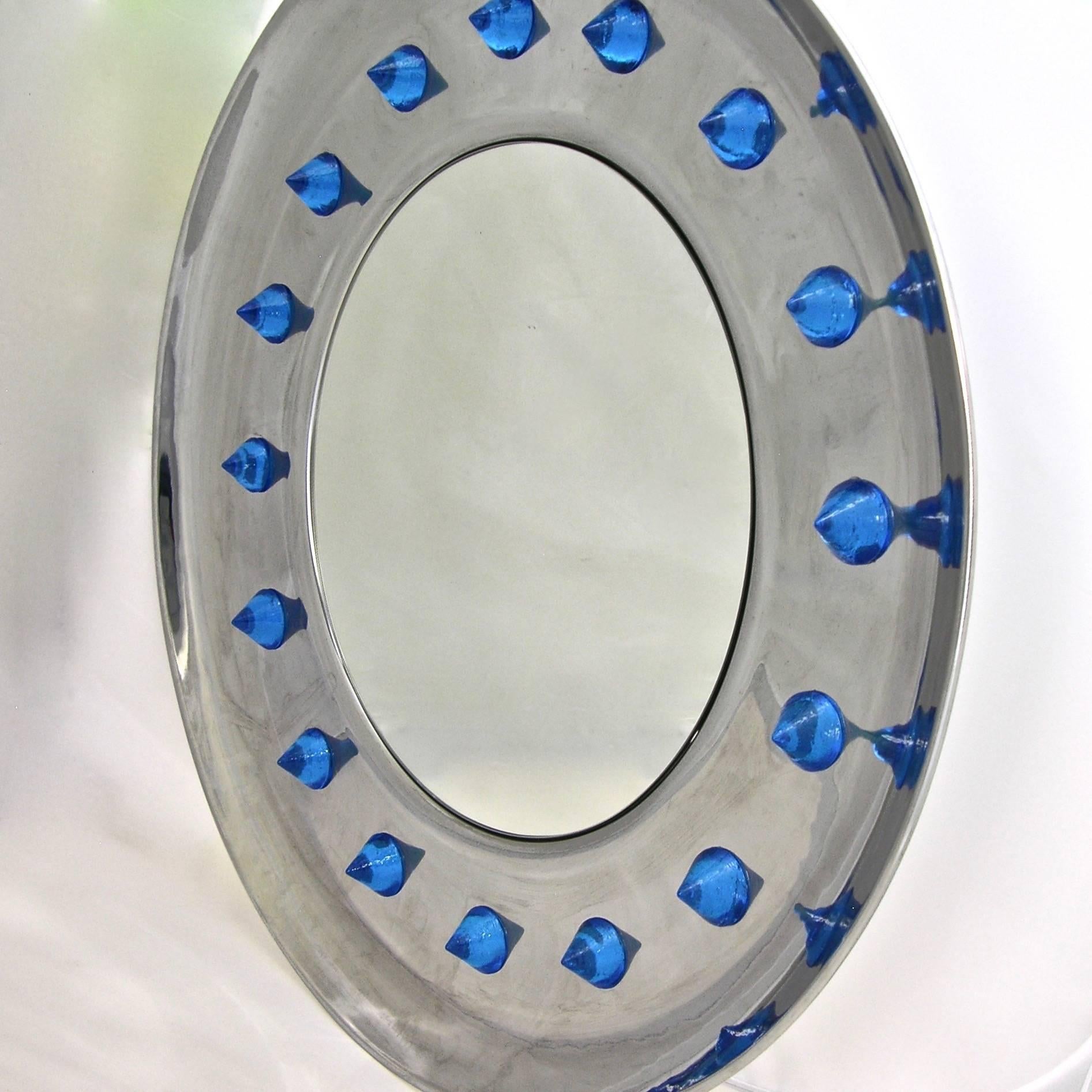 Italian Pair of Modern Nickel Round Mirrors with Jewel like Blue Murano Glass For Sale 2