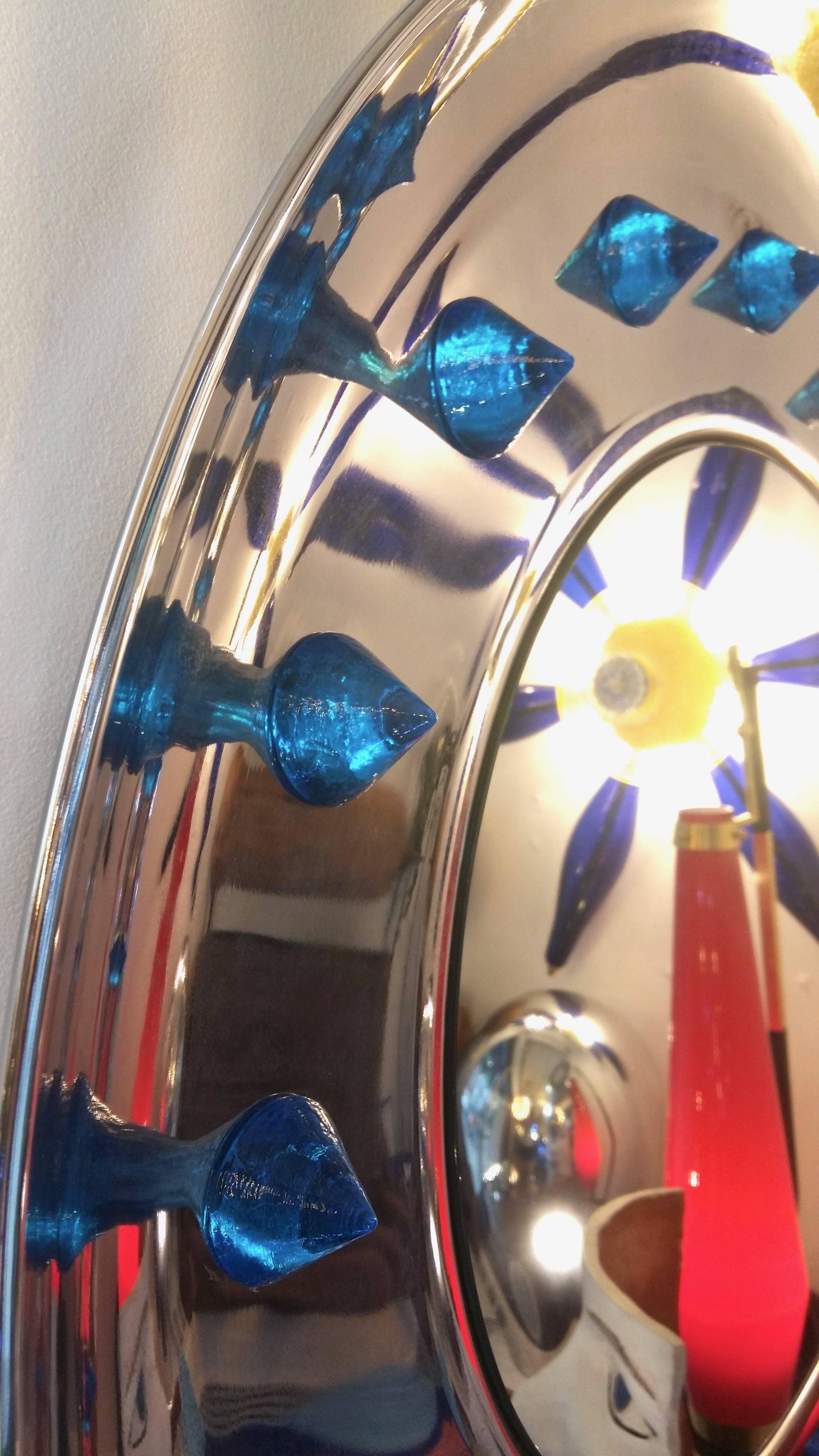 Italian Pair of Modern Nickel Round Mirrors with Jewel like Blue Murano Glass In Excellent Condition For Sale In New York, NY