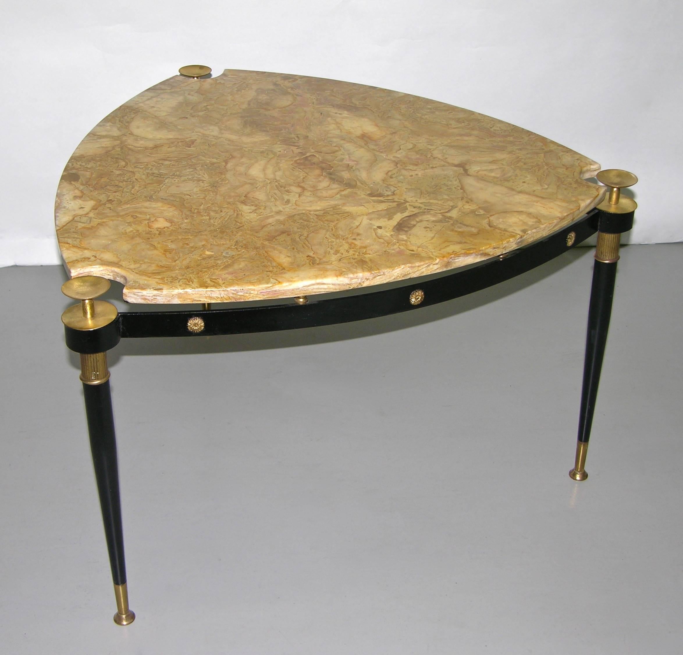Brass Italian Vintage 1960s Black and Gold Triangular Sofa/ Side Table with Marble Top