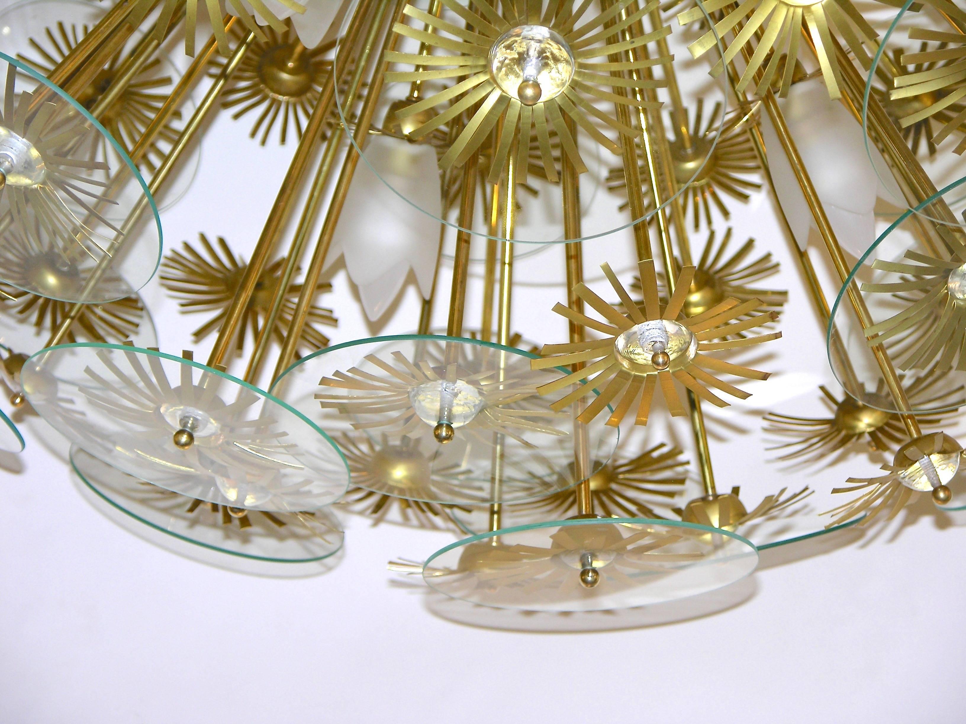 Mid-20th Century 1960s Vintage One-of-a-kind Italian Round Brass and Glass Flower Chandelier