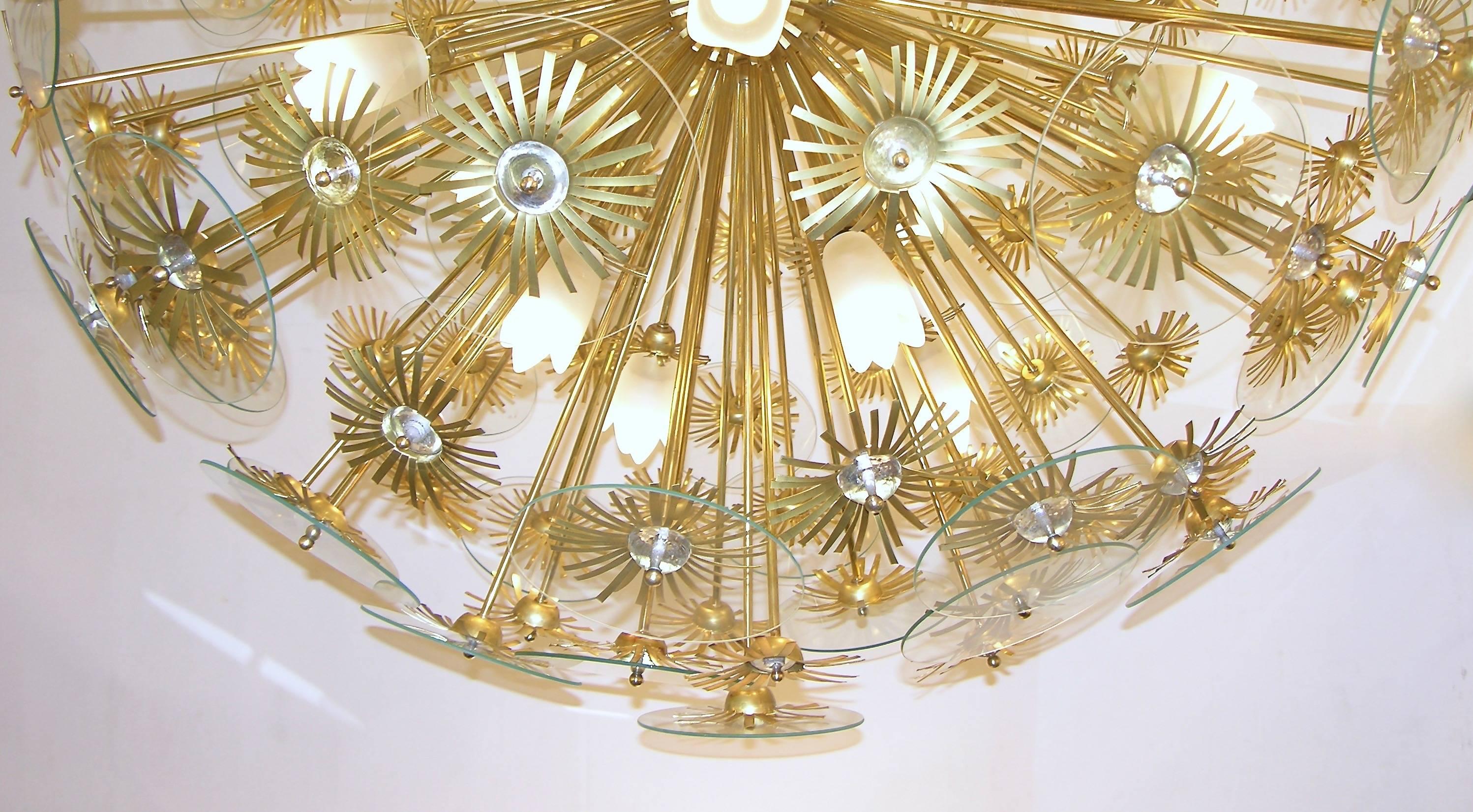 Mid-Century Modern 1960s Vintage One-of-a-kind Italian Round Brass and Glass Flower Chandelier