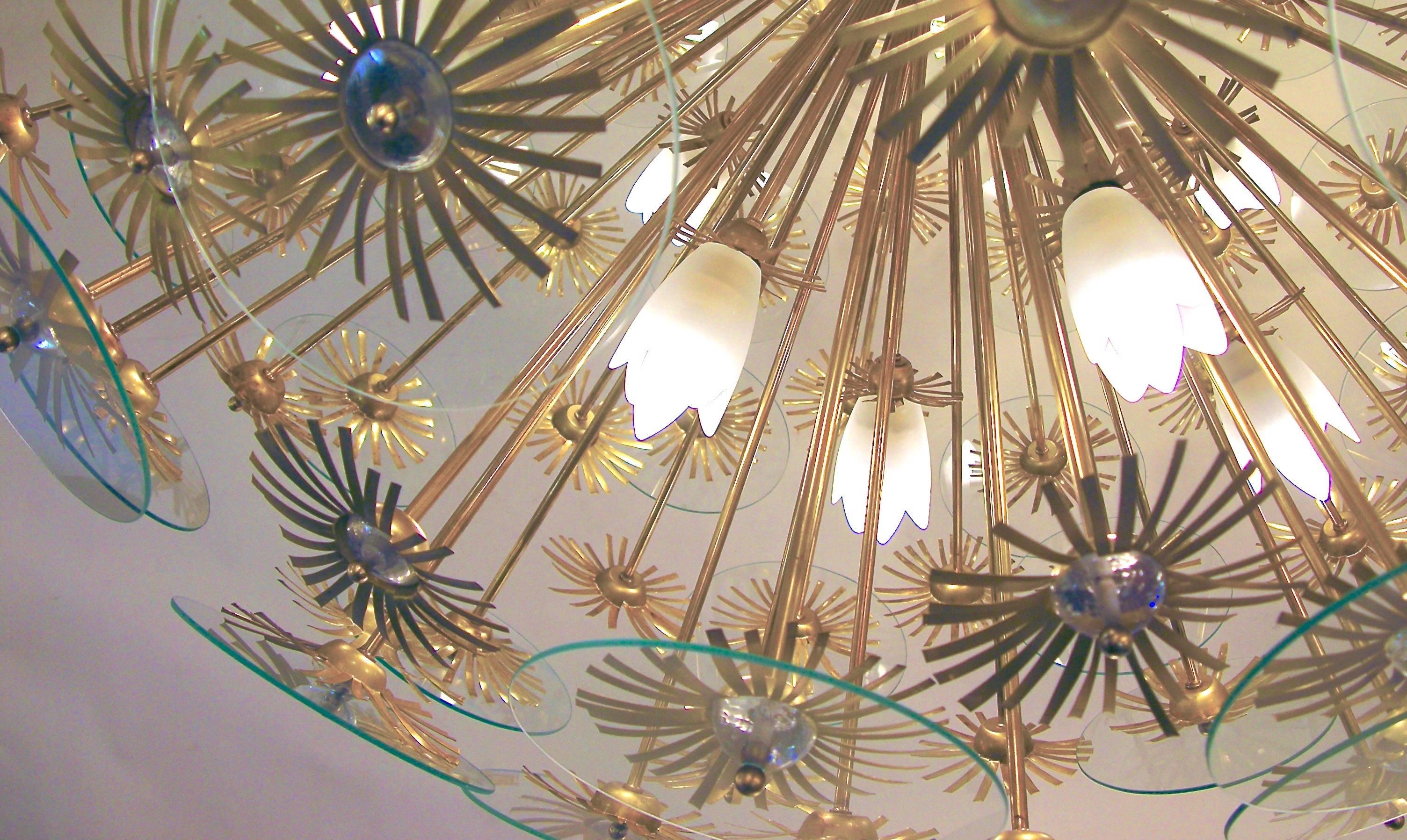 1960s Vintage One-of-a-kind Italian Round Brass and Glass Flower Chandelier 3