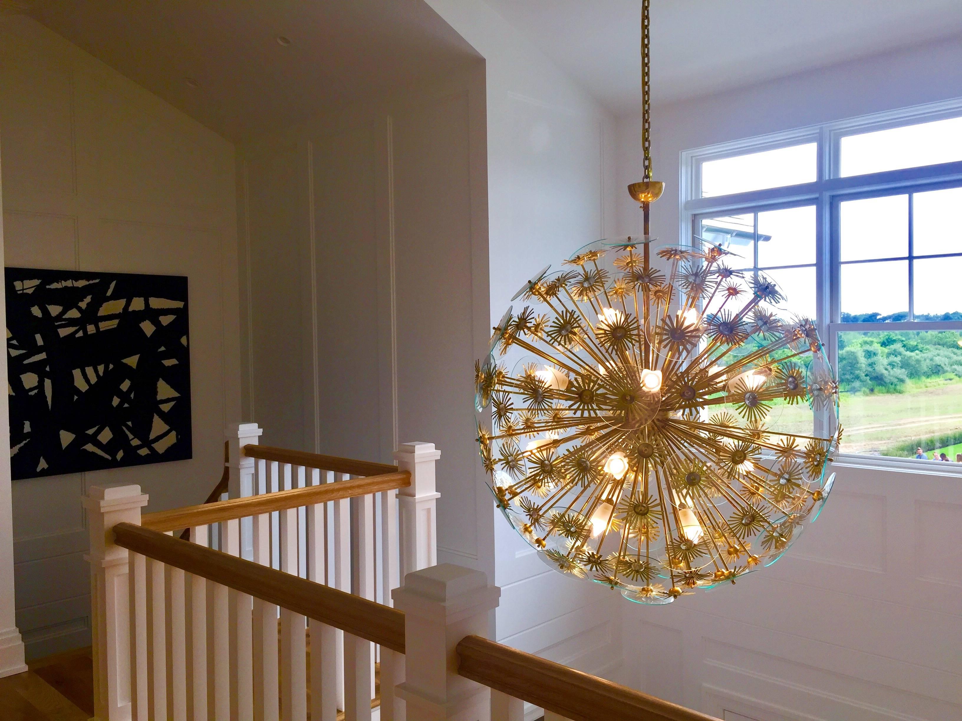 Hand-Crafted 1960s Vintage One-of-a-kind Italian Round Brass and Glass Flower Chandelier