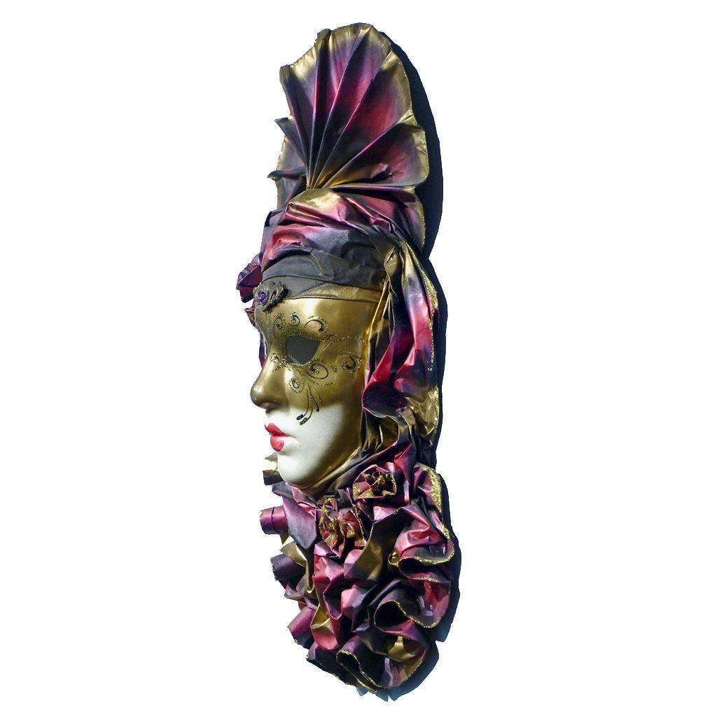 Folk Art Venetian Handmade Gold and Rose Pink Mask with Flower Pleated Jabot