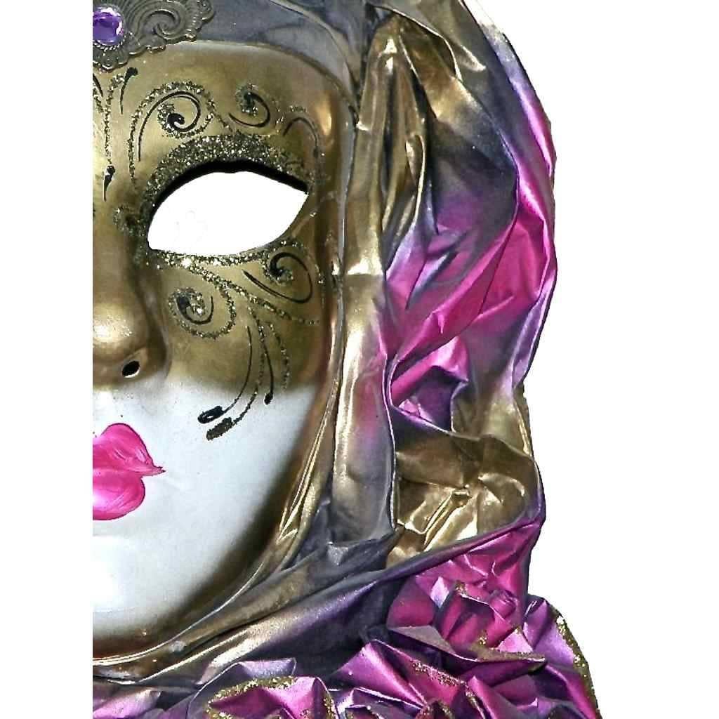 Italian Venetian Handmade Gold and Rose Pink Mask with Flower Pleated Jabot