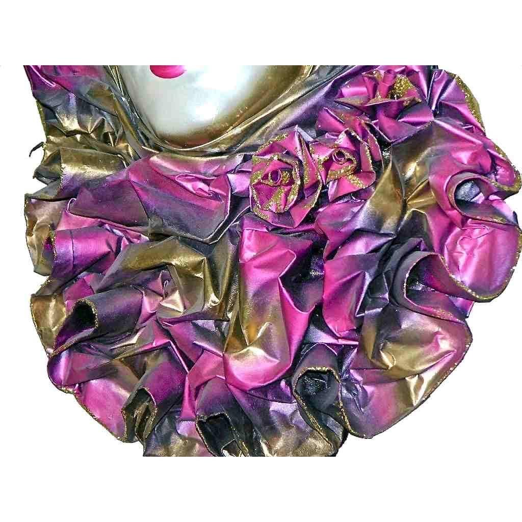 Venetian Handmade Gold and Rose Pink Mask with Flower Pleated Jabot In Excellent Condition In New York, NY