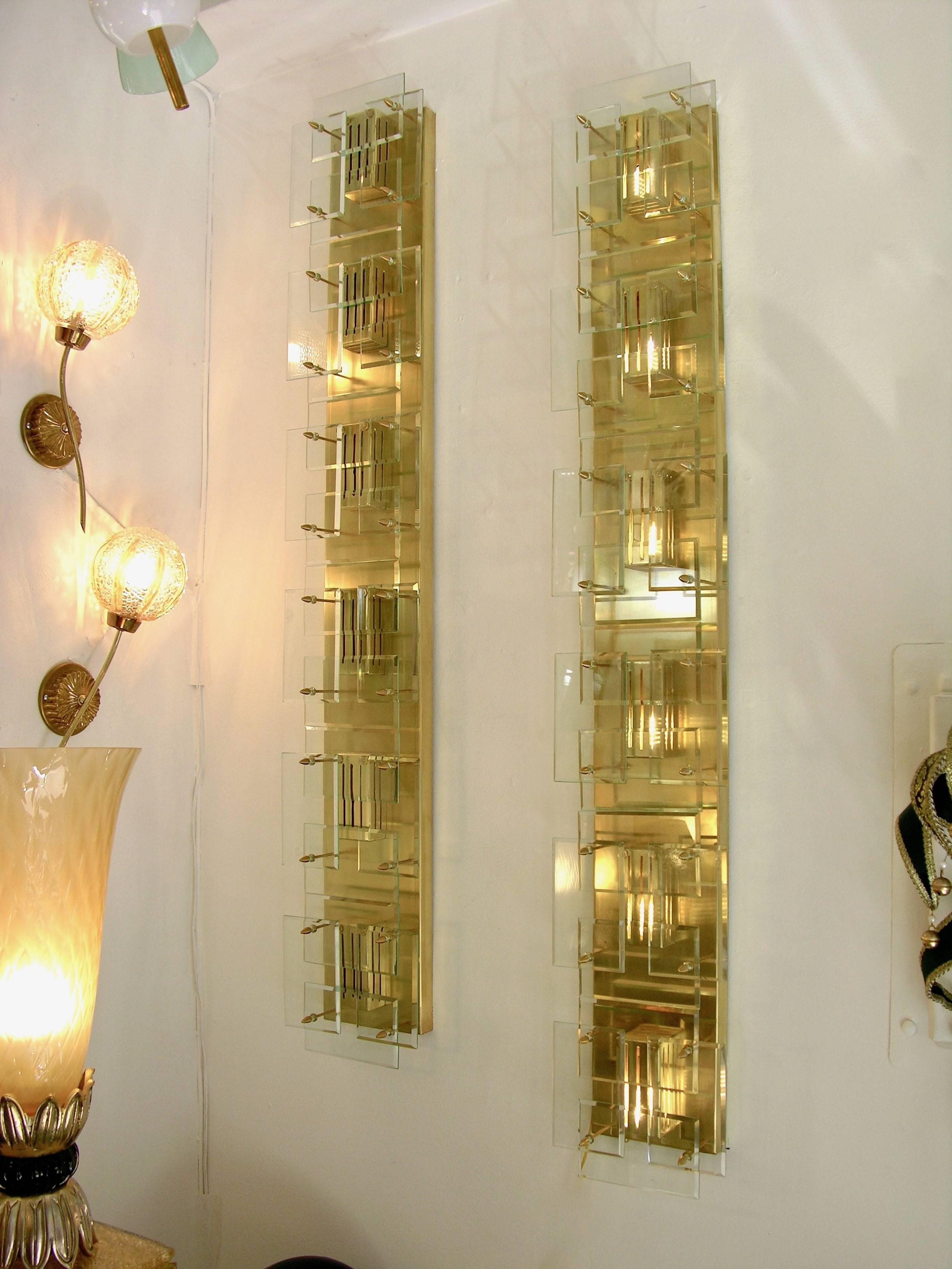 1980s Italian Pair of Modern Gold Brass Monumental Sconces with Aqua Tint Glass 3