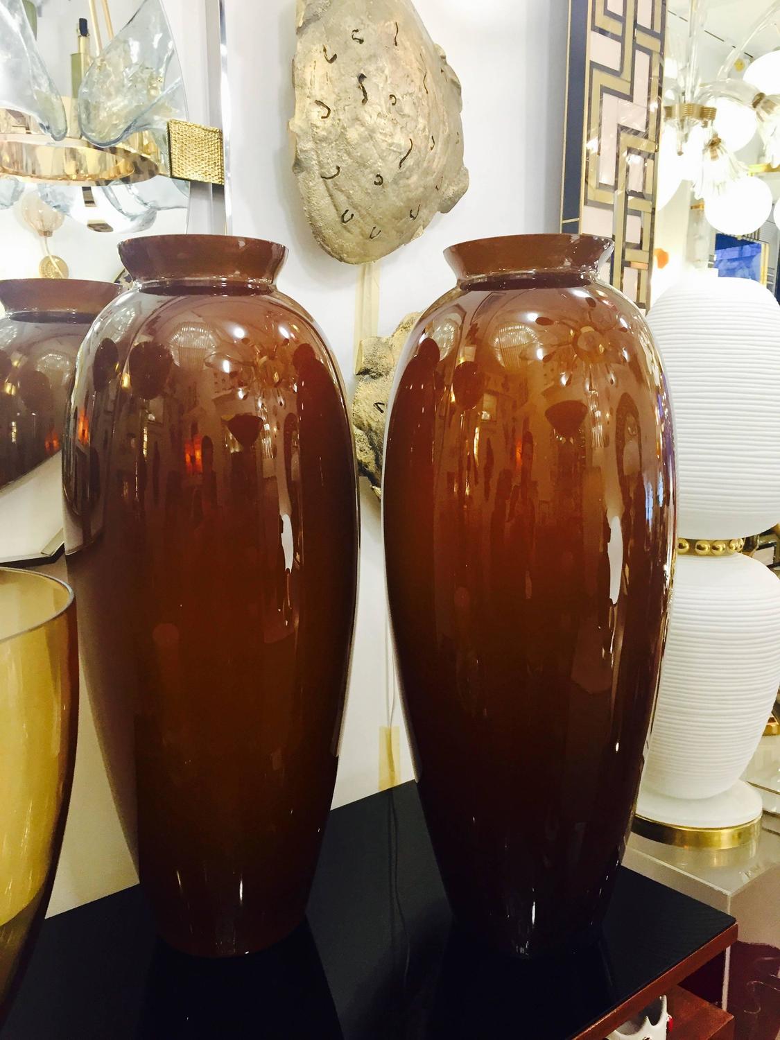 1980 Modern Italian Pair of Tall Brown Murano Glass Vases with White
