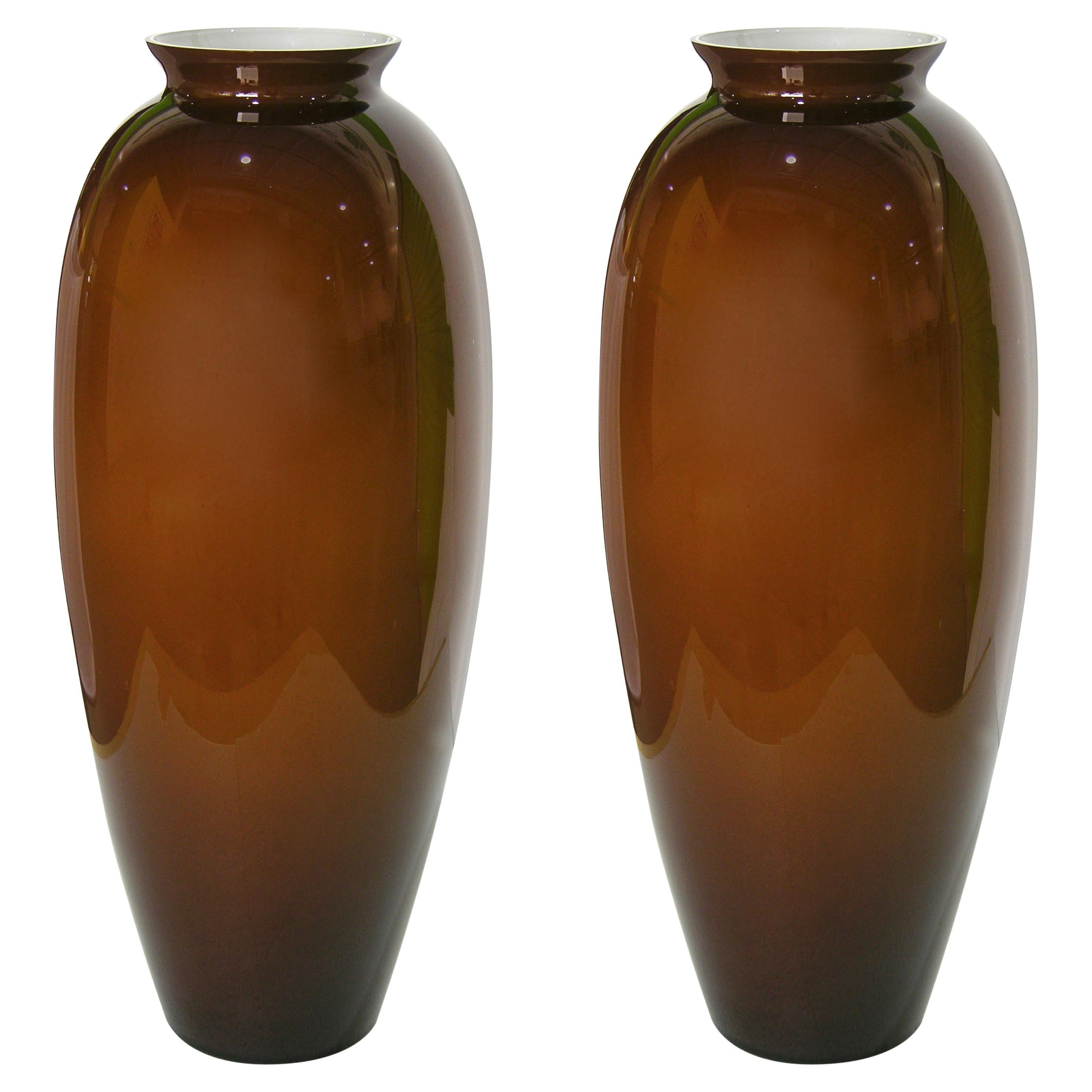 20th Century 1980 Italian Vintage Pair of Golden Polished Brown Murano Glass Tall Vases