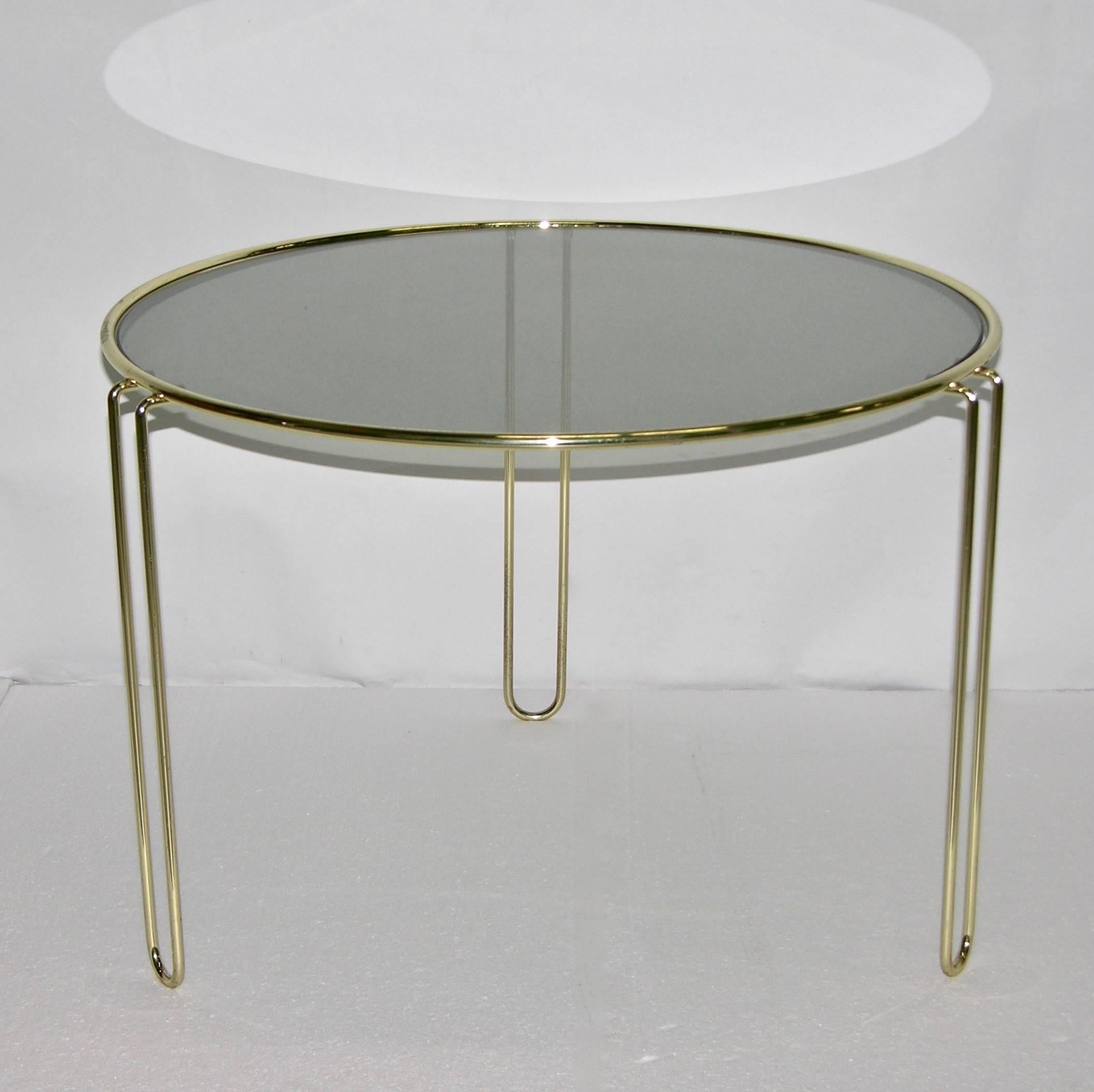 Late 20th Century 1970s Italian Minimalist Set of Three Brass Smoked Glass Round Nesting Tables