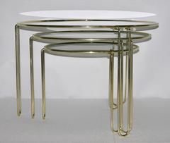 1970s Italian Minimalist Set of Three Brass Smoked Glass Round Nesting Tables