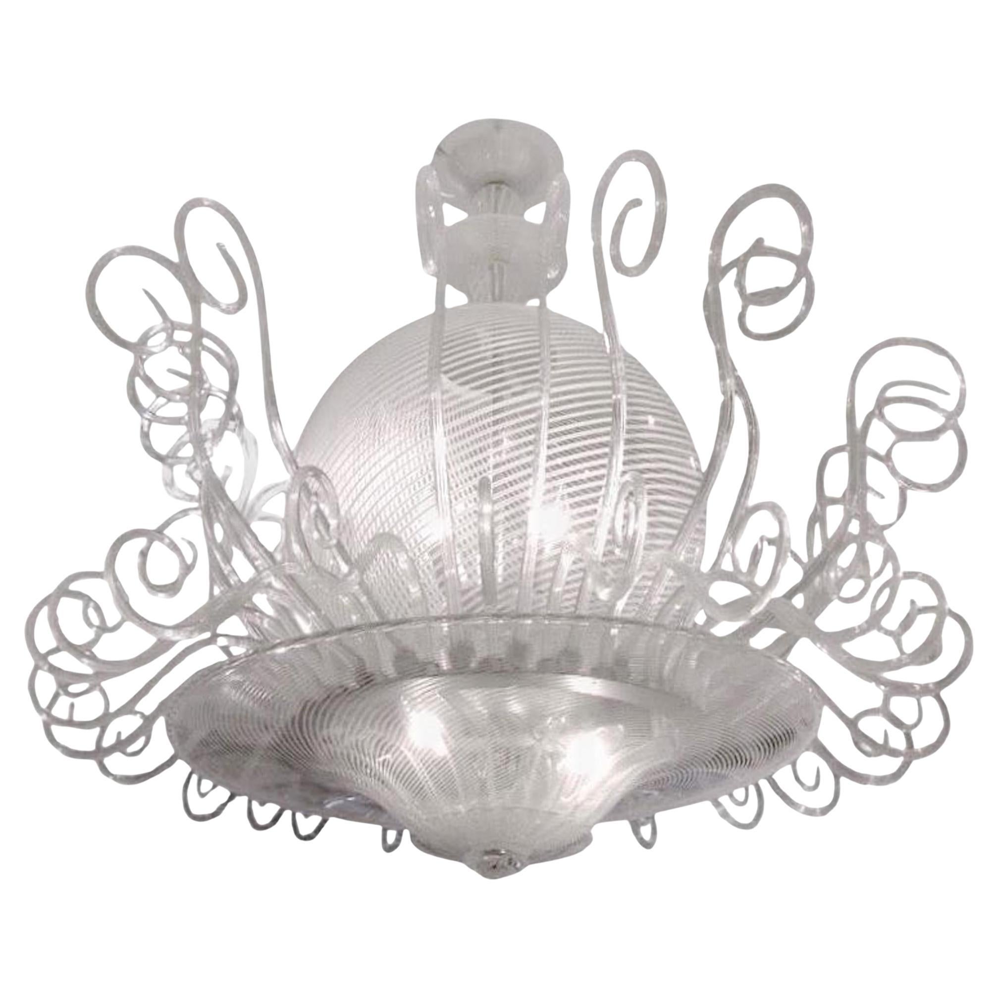 Seguso 1950 Lampadario rotondo in vetro di Murano bianco e cristallo trasparente vintage italiano in vendita