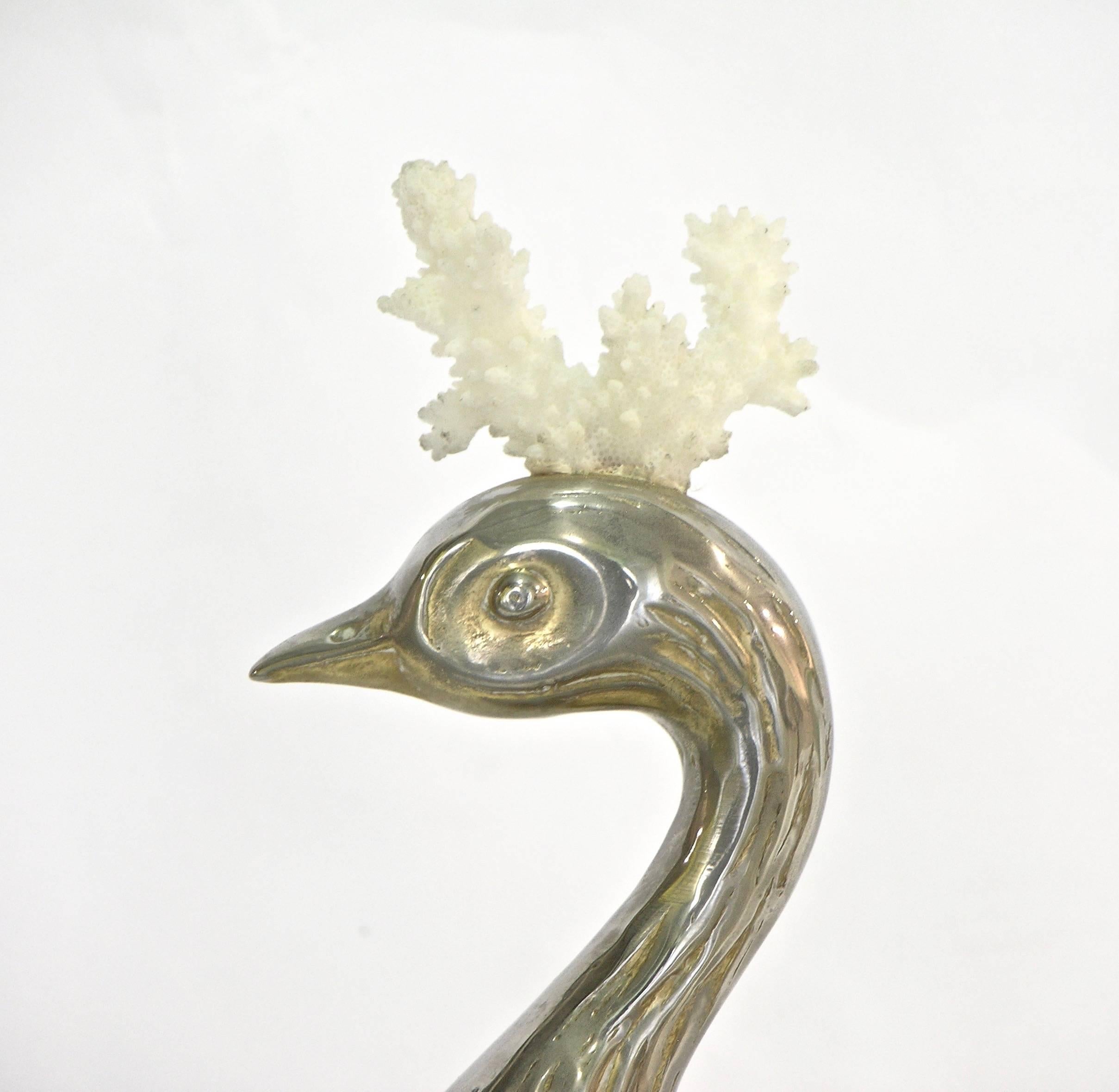 Antonio Pavia 1970s Italian Silver Plated Bird Sculpture with White Coral In Excellent Condition In New York, NY