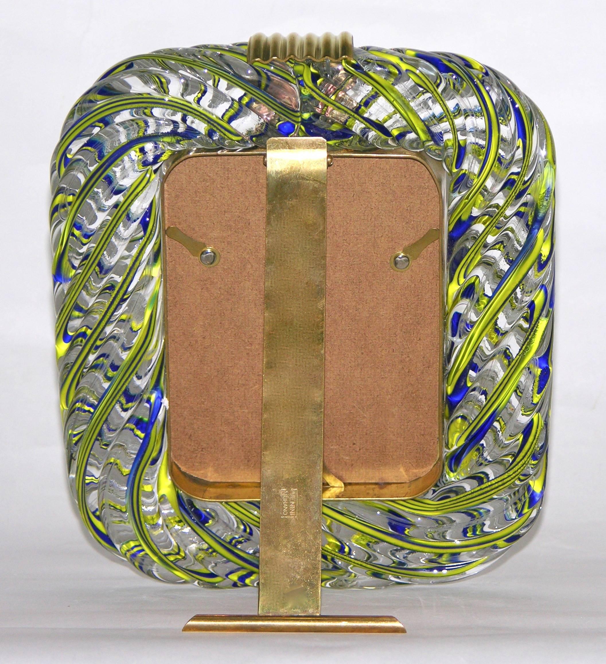 Venini 1970s Vintage Blue Yellow White Murano Glass Picture Frame In Excellent Condition In New York, NY