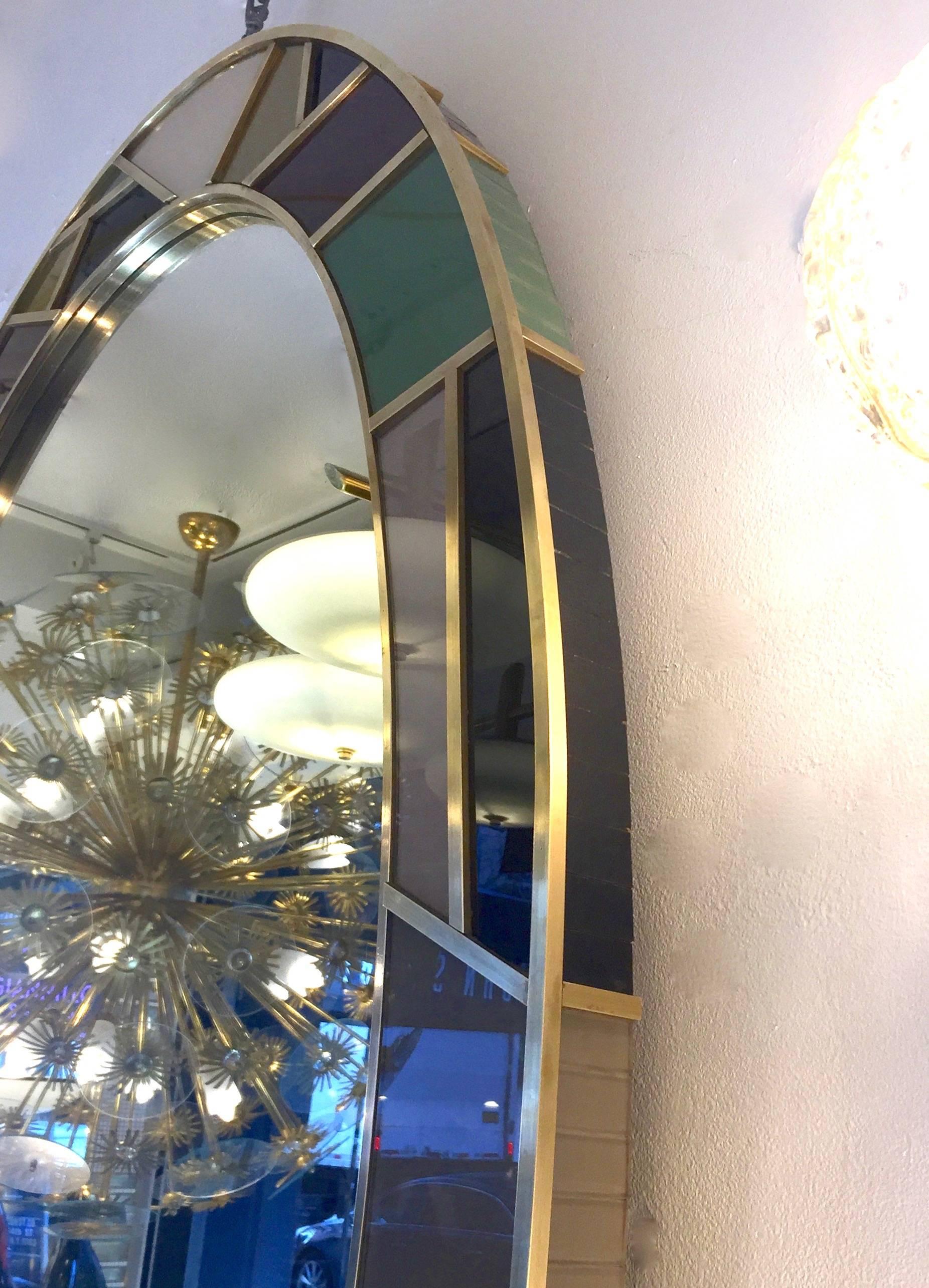 Mid-Century Modern 1970s Italian Modern Oval Mirror in Green Grey Blue Yellow Black White and Brass