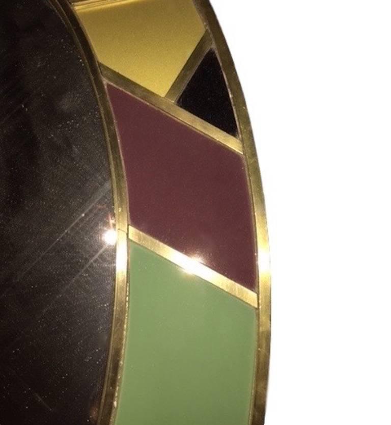 1970s Italian Modern Oval Mirror in Green Grey Blue Yellow Black White and Brass 3