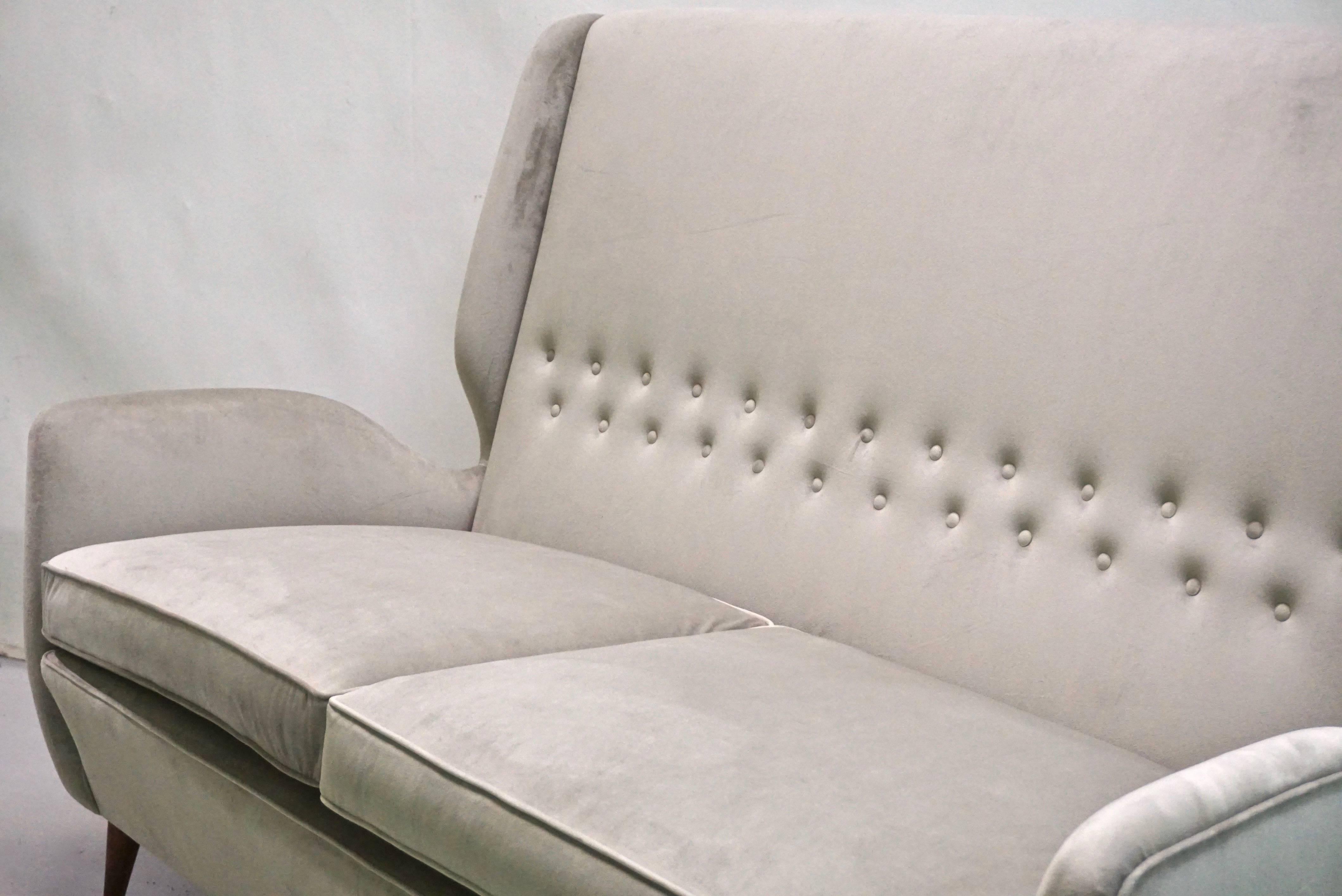 Mid-Century Modern Gio Ponti Certified 1940s Vintage Italian High Back Sofa in Light Gray Velvet