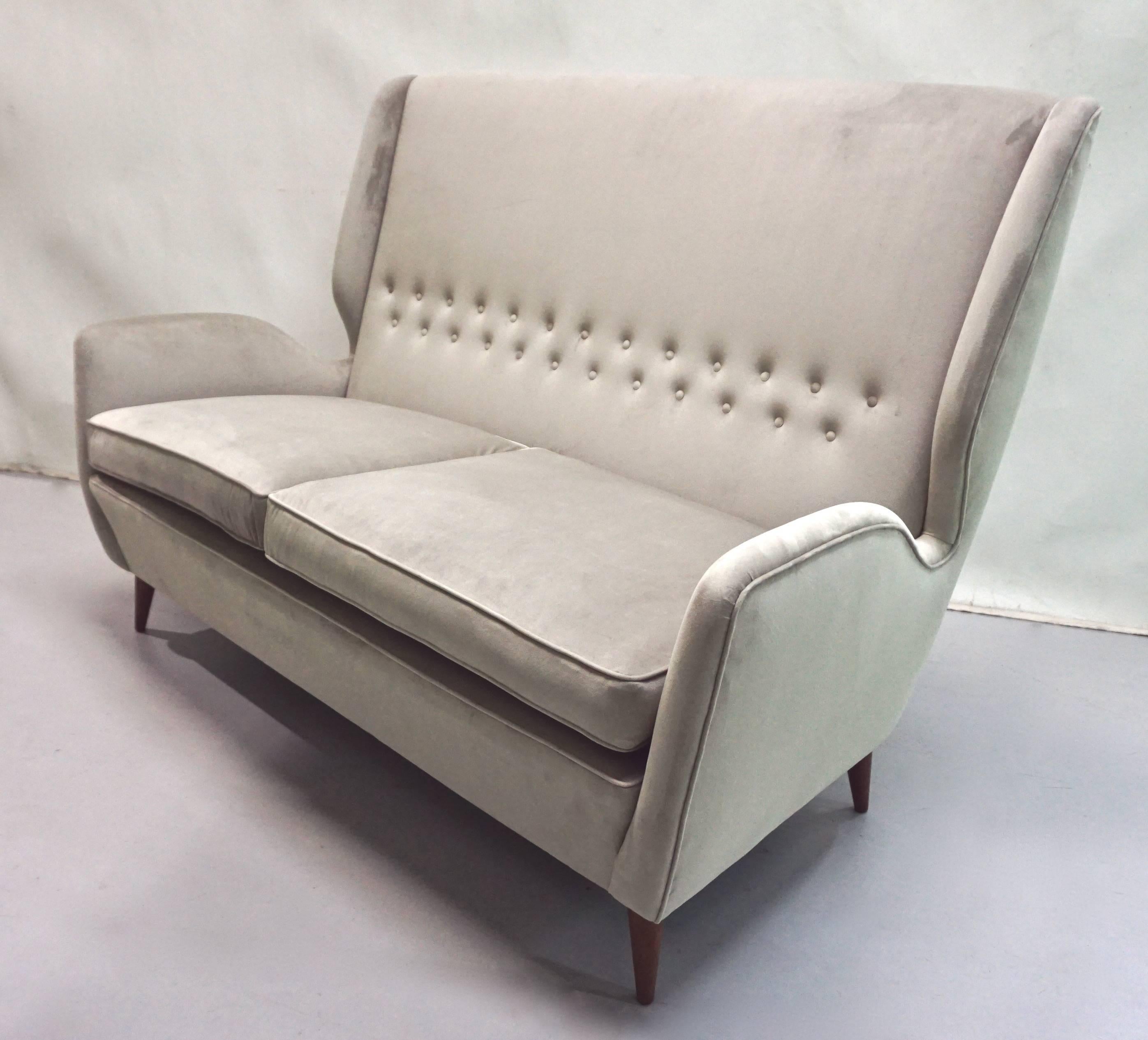 Gio Ponti Certified 1940s Vintage Italian High Back Sofa in Light Gray Velvet 1