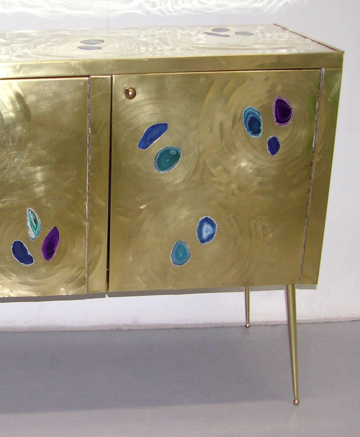Modern Italian Contemporary Fine Design Brass Cabinet with Blue Green Purple Agate