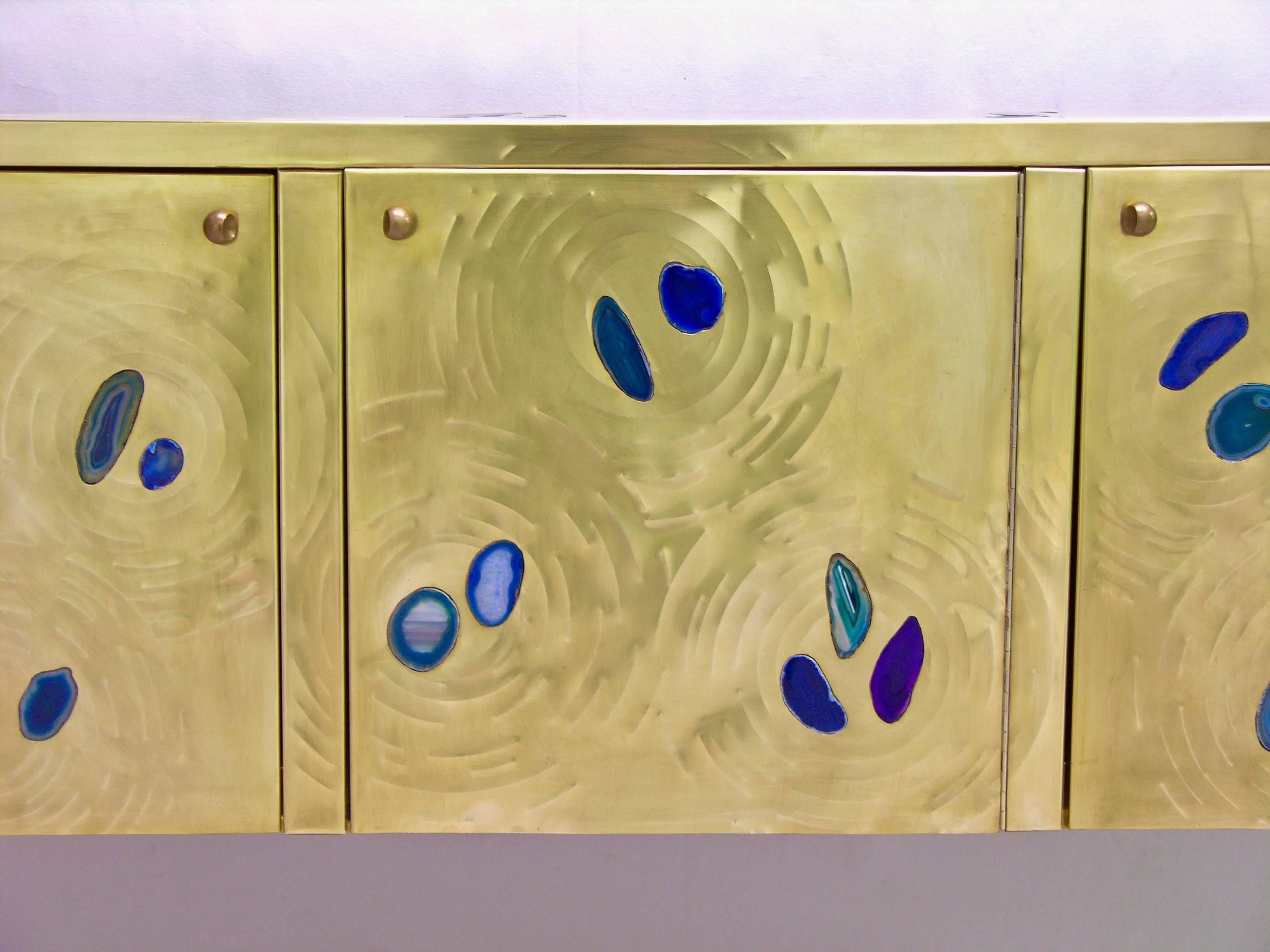 Italian Contemporary Fine Design Brass Cabinet with Blue Green Purple Agate 4