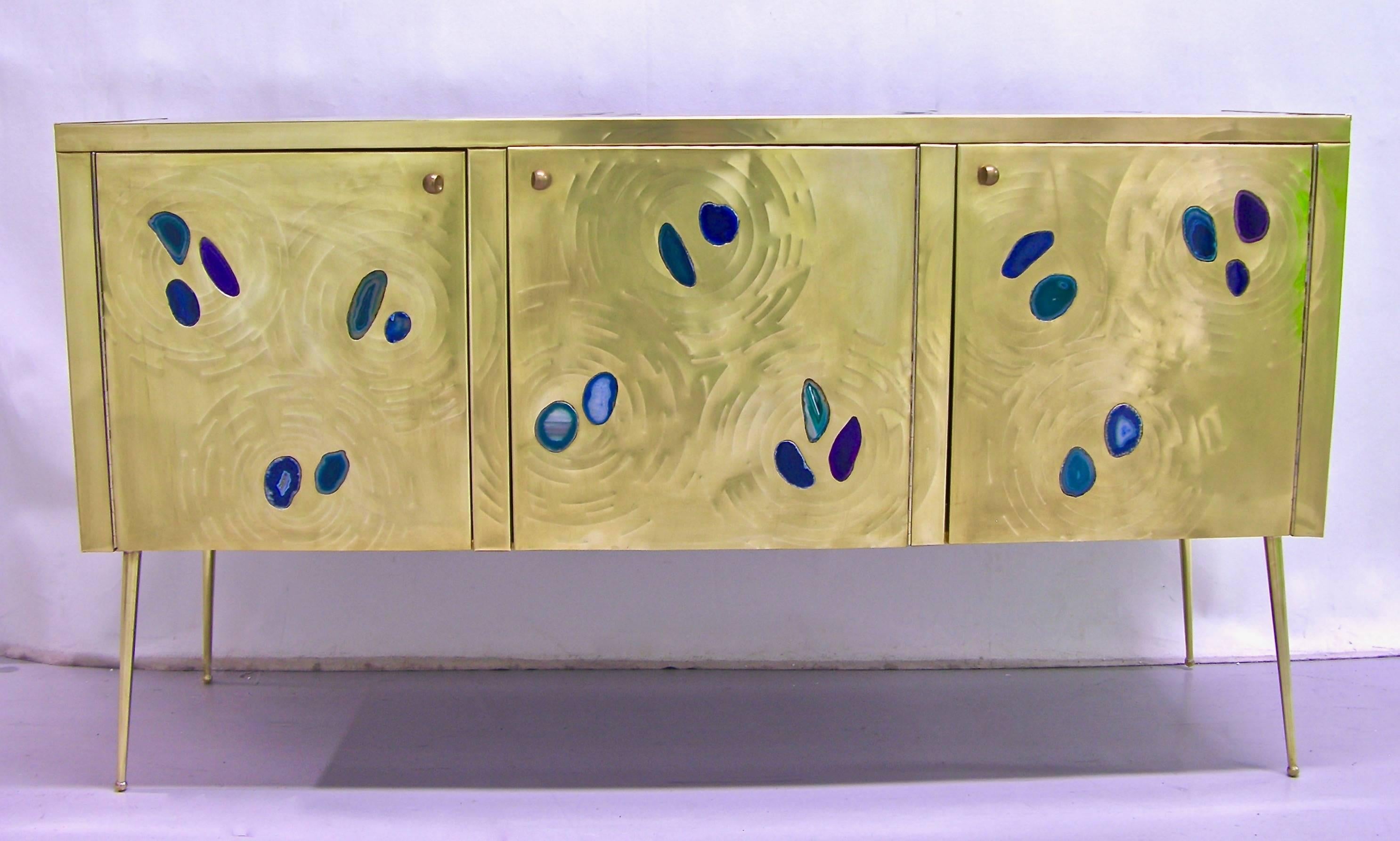 Italian Contemporary Fine Design Brass Cabinet with Blue Green Purple Agate 3