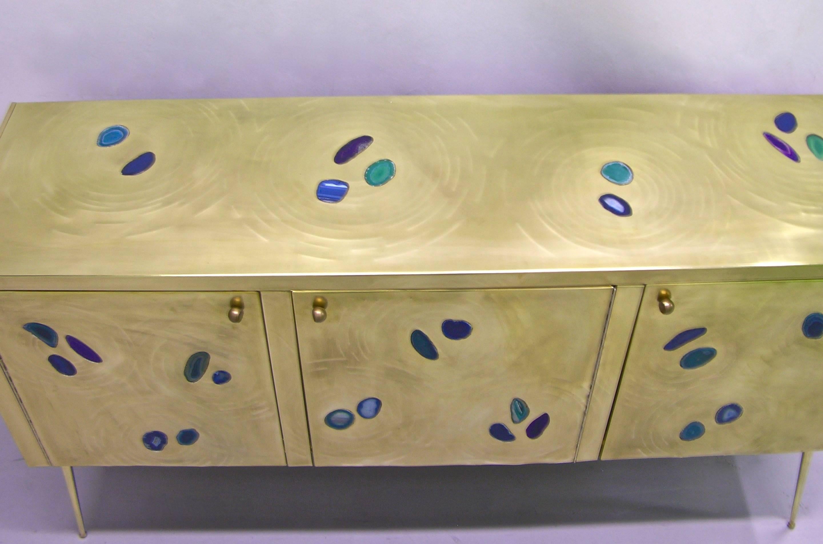 Hand-Crafted Italian Contemporary Fine Design Brass Cabinet with Blue Green Purple Agate