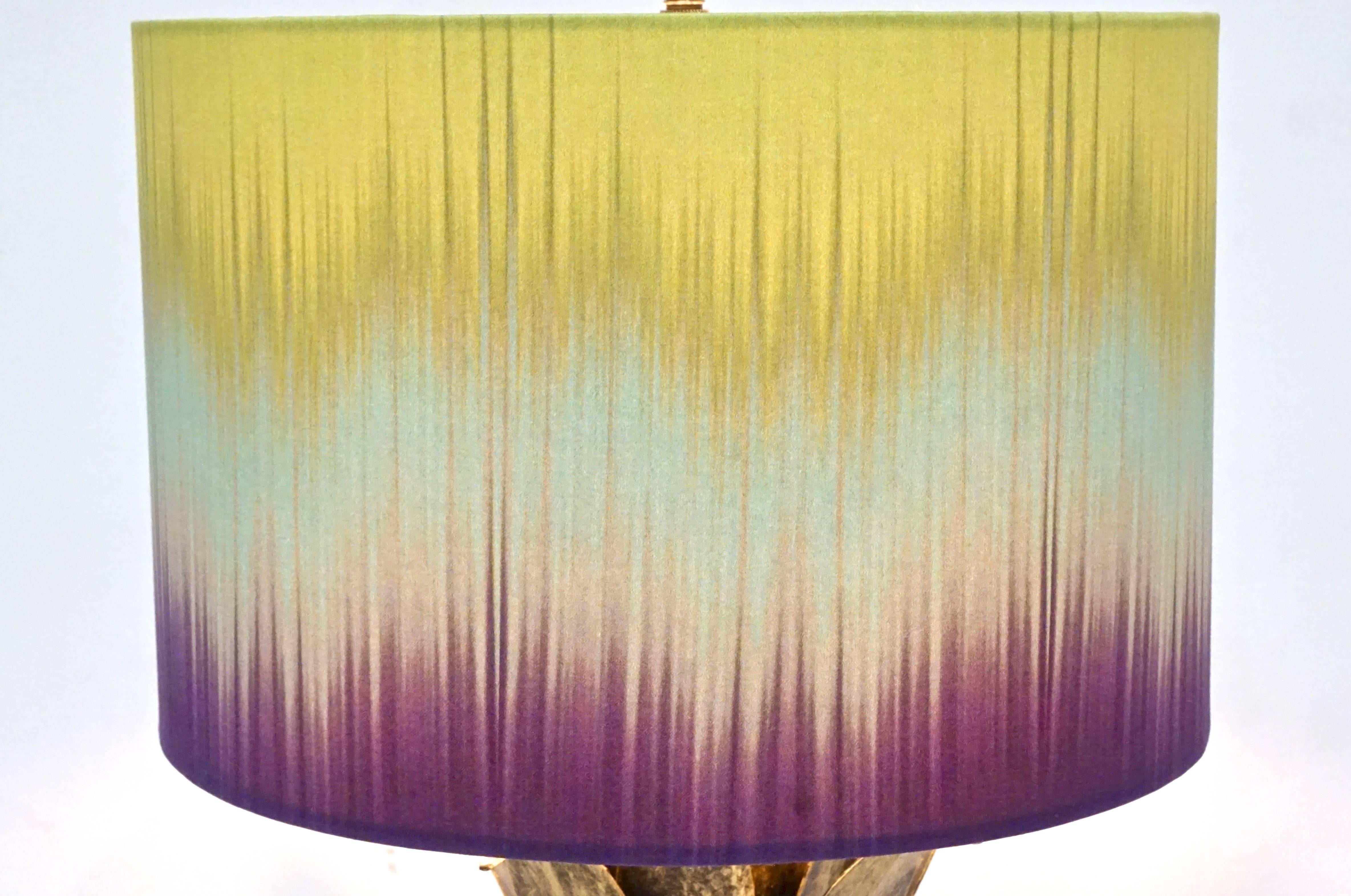 Hand-Crafted American 1990s Brass and Gold Glass Pineapple Lamp with Lime Blue Purple Shade