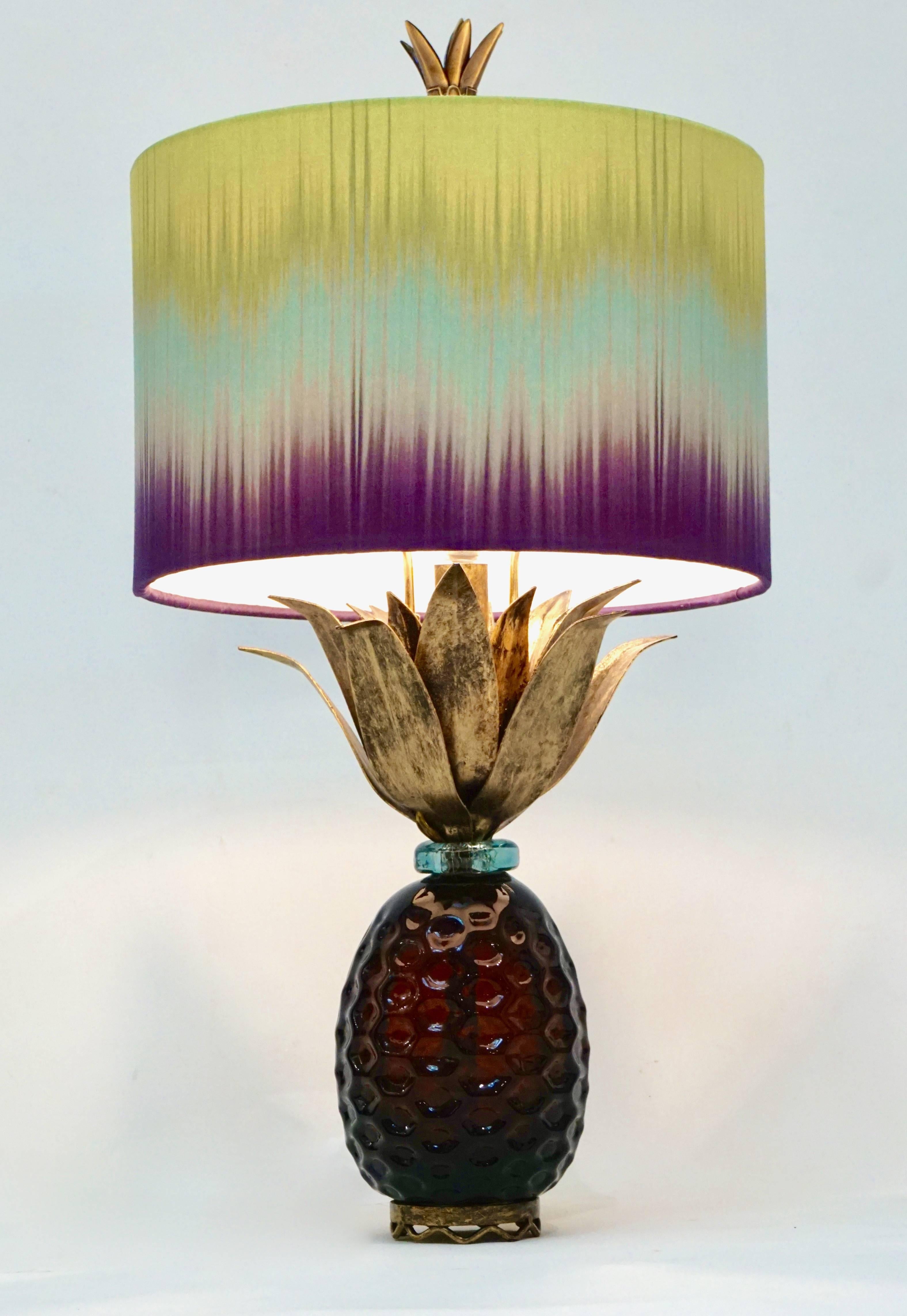 American 1990s Brass and Gold Glass Pineapple Lamp with Lime Blue Purple Shade In Excellent Condition In New York, NY