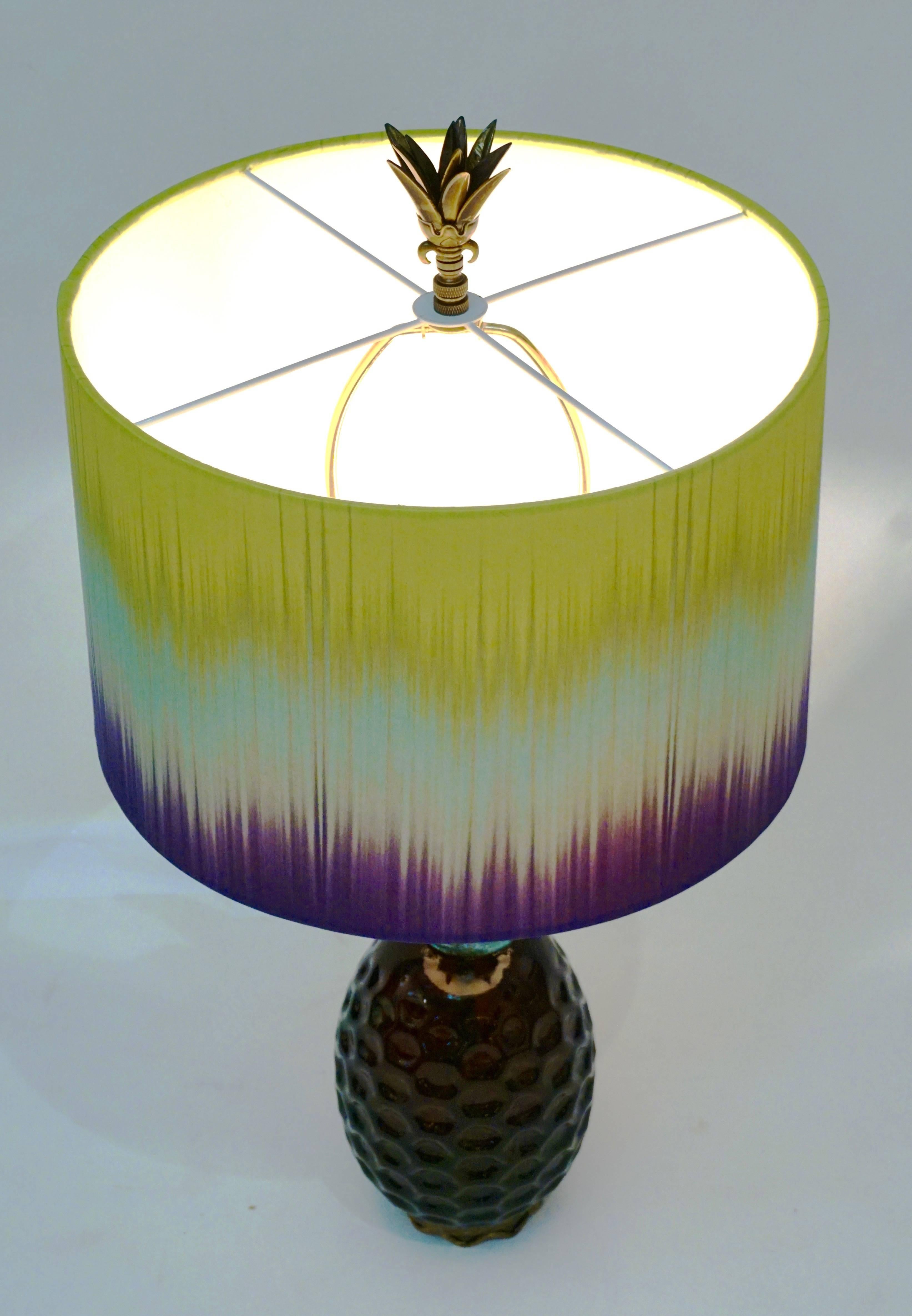 Late 20th Century American 1990s Brass and Gold Glass Pineapple Lamp with Lime Blue Purple Shade