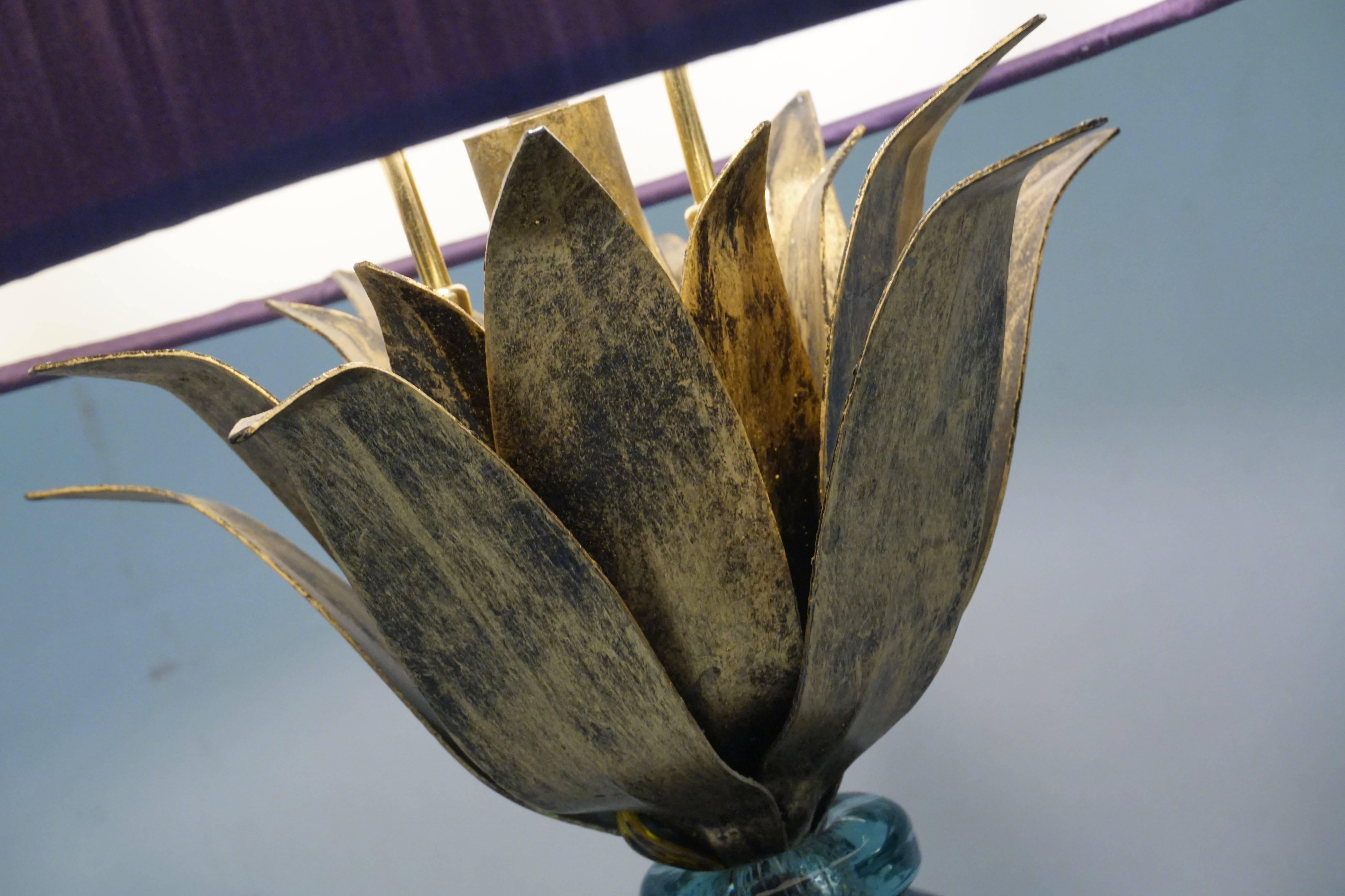 Metal American 1990s Brass and Gold Glass Pineapple Lamp with Lime Blue Purple Shade