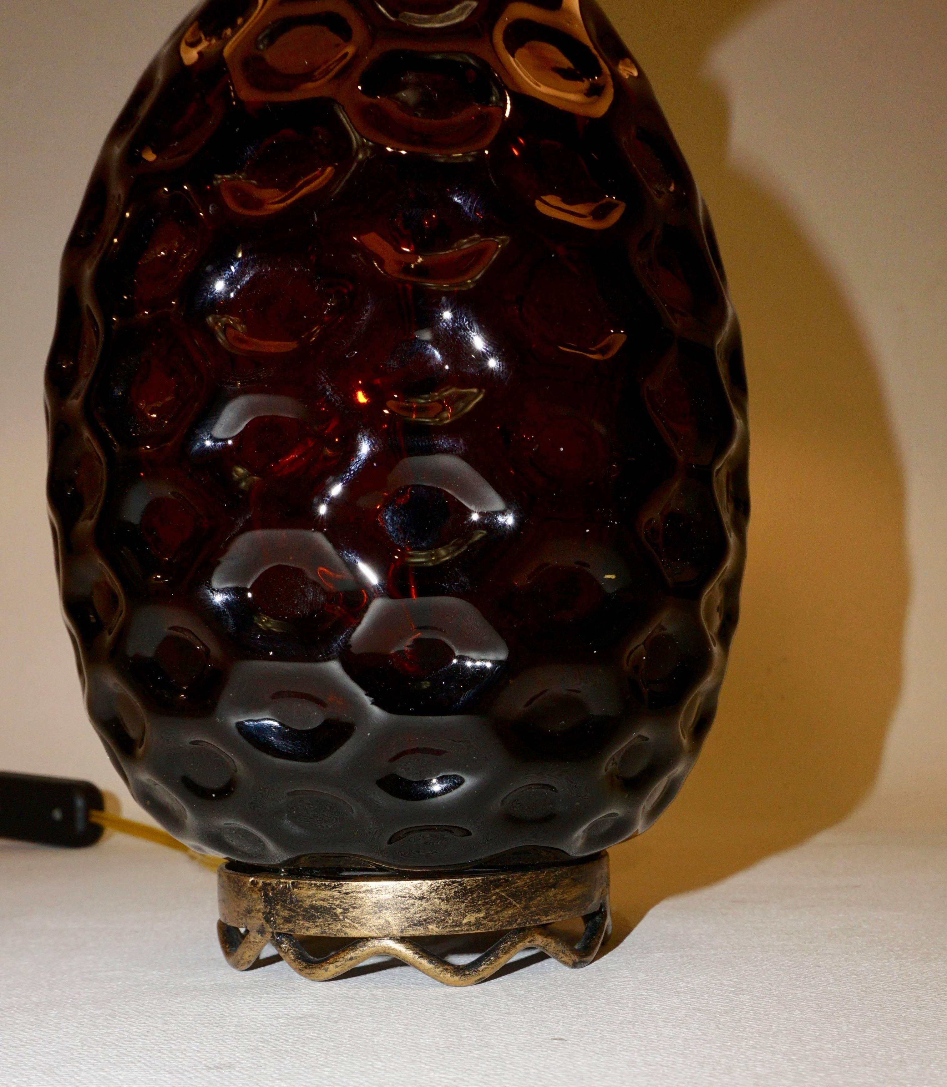 American 1990s Brass and Gold Glass Pineapple Lamp with Lime Blue Purple Shade 2