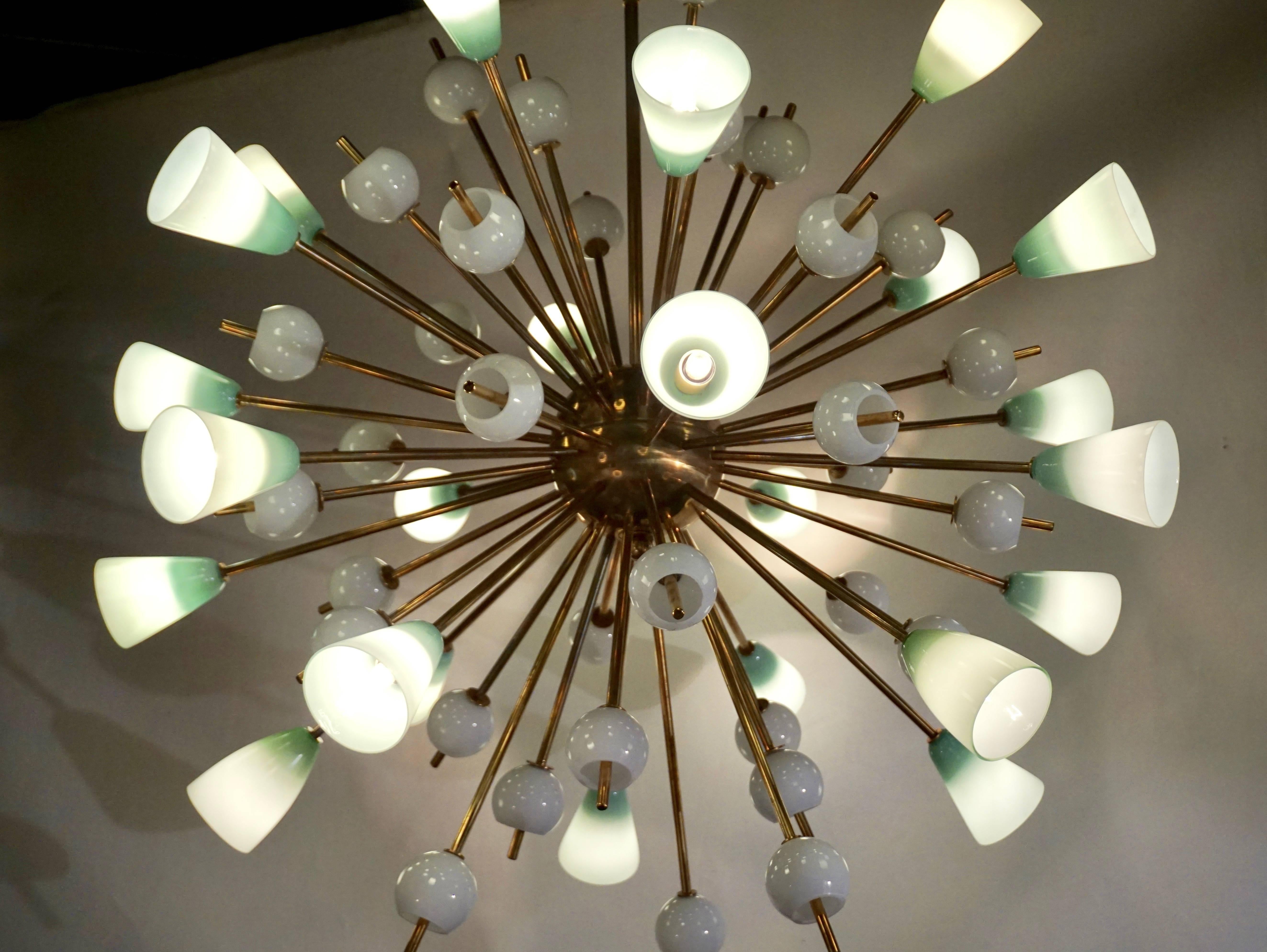 Hand-Crafted Contemporary Italian White and Mint Green Murano Glass Sputnik Brass Chandelier