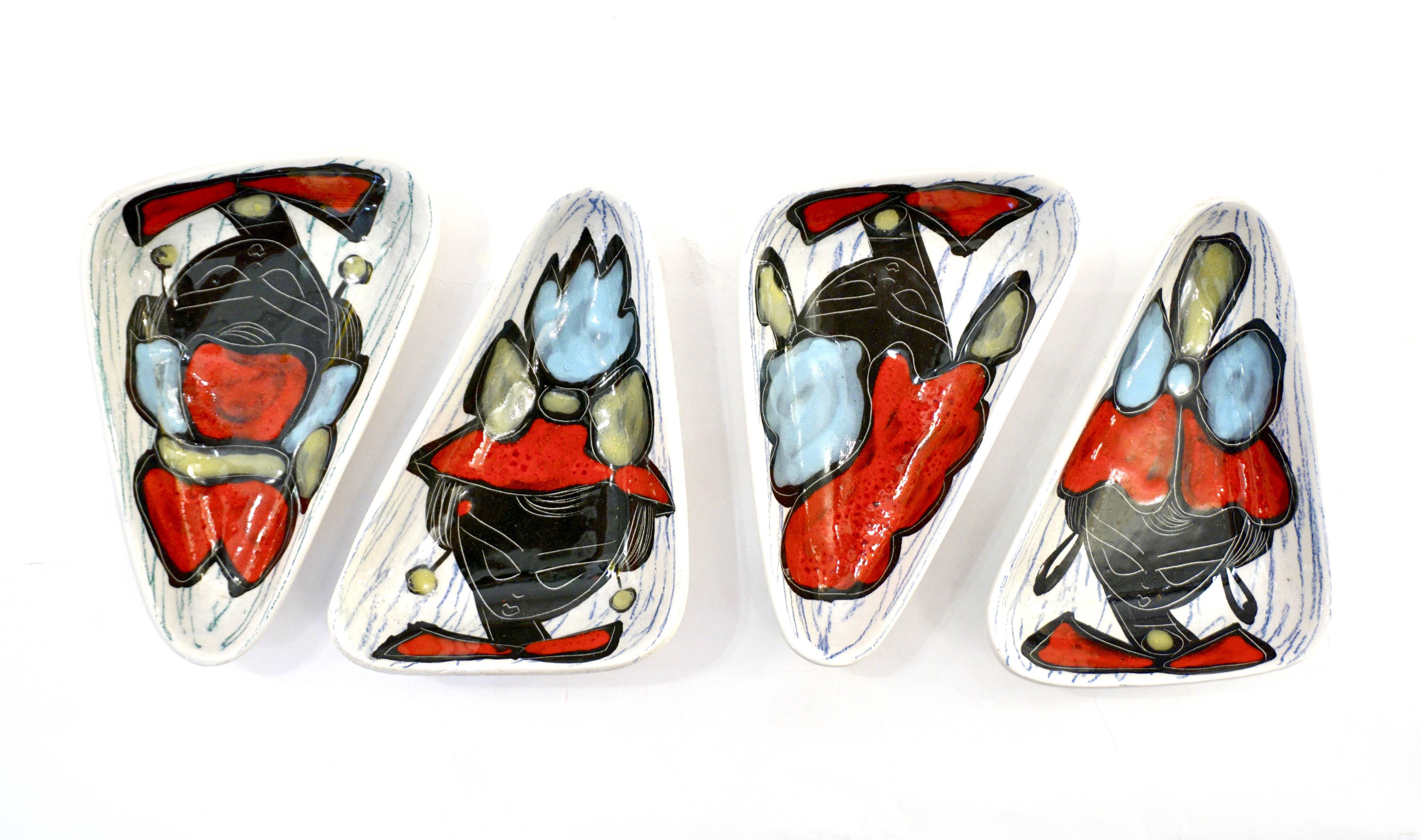 Price is per item, rare set of six 1950s Italian Porcelain decorative dishes by a Ceramic Studio in Ravenna, each individually handcrafted in different attractive organic geometric shapes, oval, triangular, rectangular and tear-drop shape. Each hand