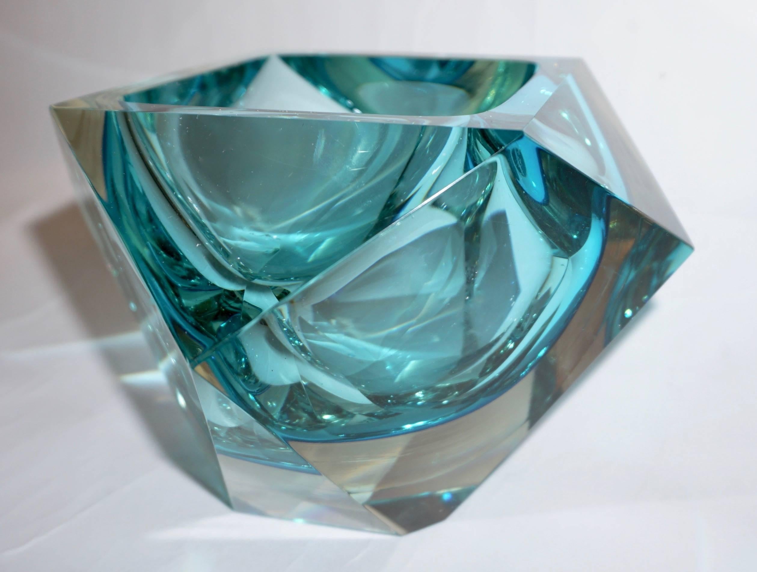 Blown Glass Seguso 1950s Vintage Italian Aqua Blue Diamond Cut Modern Bowl/Centerpiece