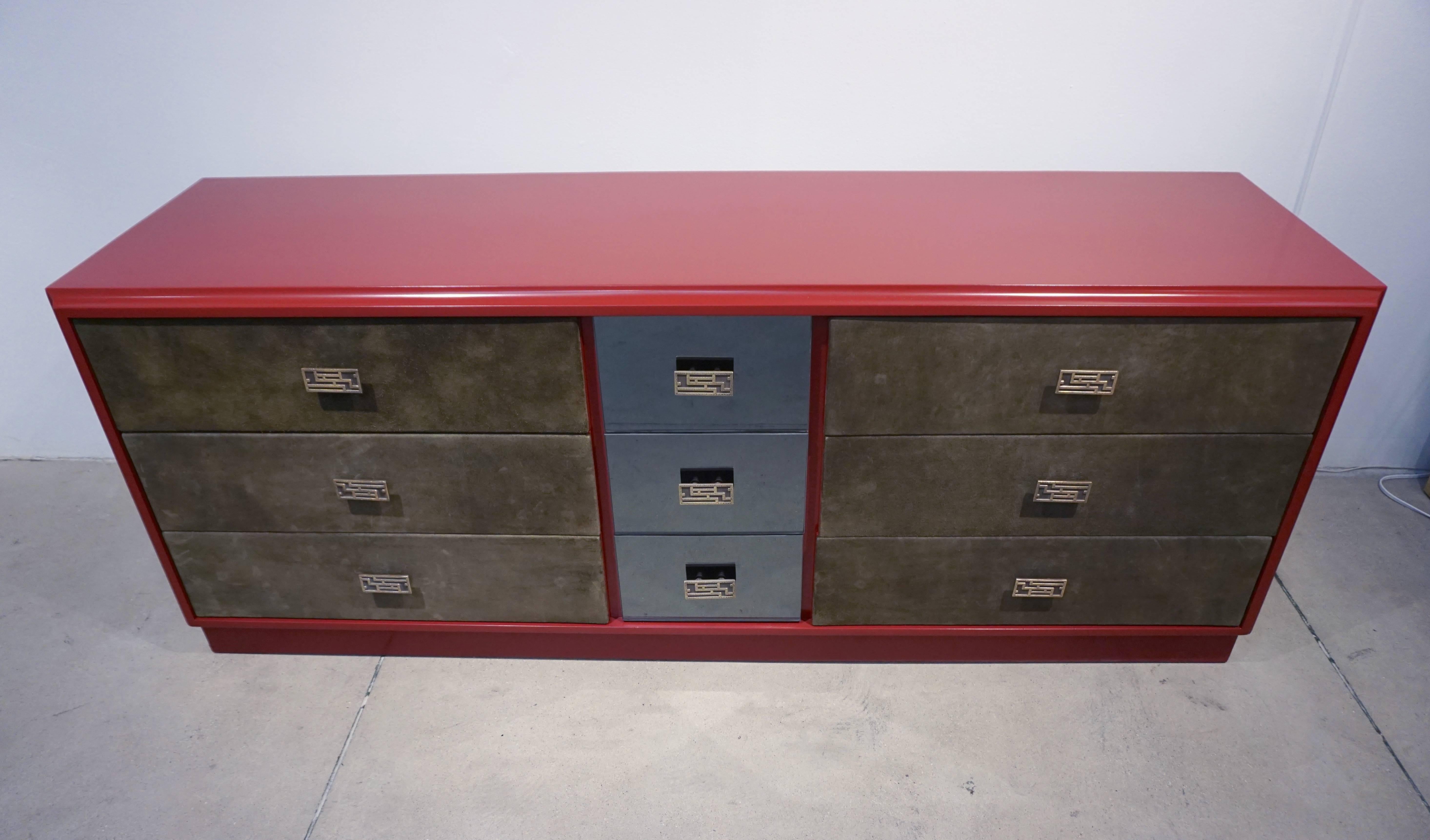 Late 20th Century 1970 Italian Green Leather Burgundy Lacquer Dresser with Mirror & Bronze Accents For Sale